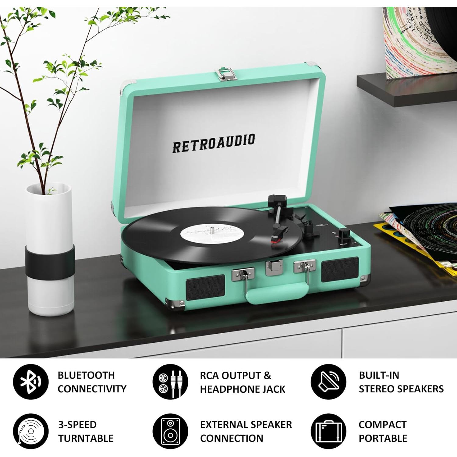 Reproductor de Vinilo RetroAudio Maleta Bluetooth 3 Velocidades Verde
