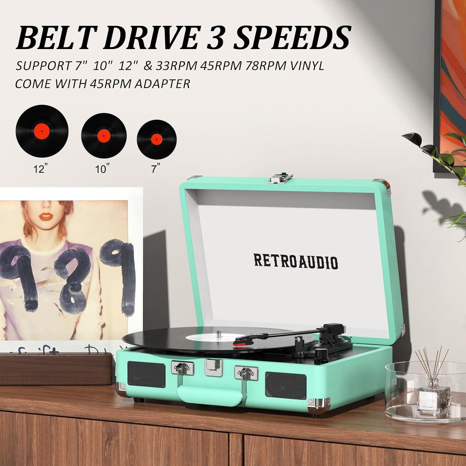 Reproductor de Vinilo RetroAudio Maleta Bluetooth 3 Velocidades Verde