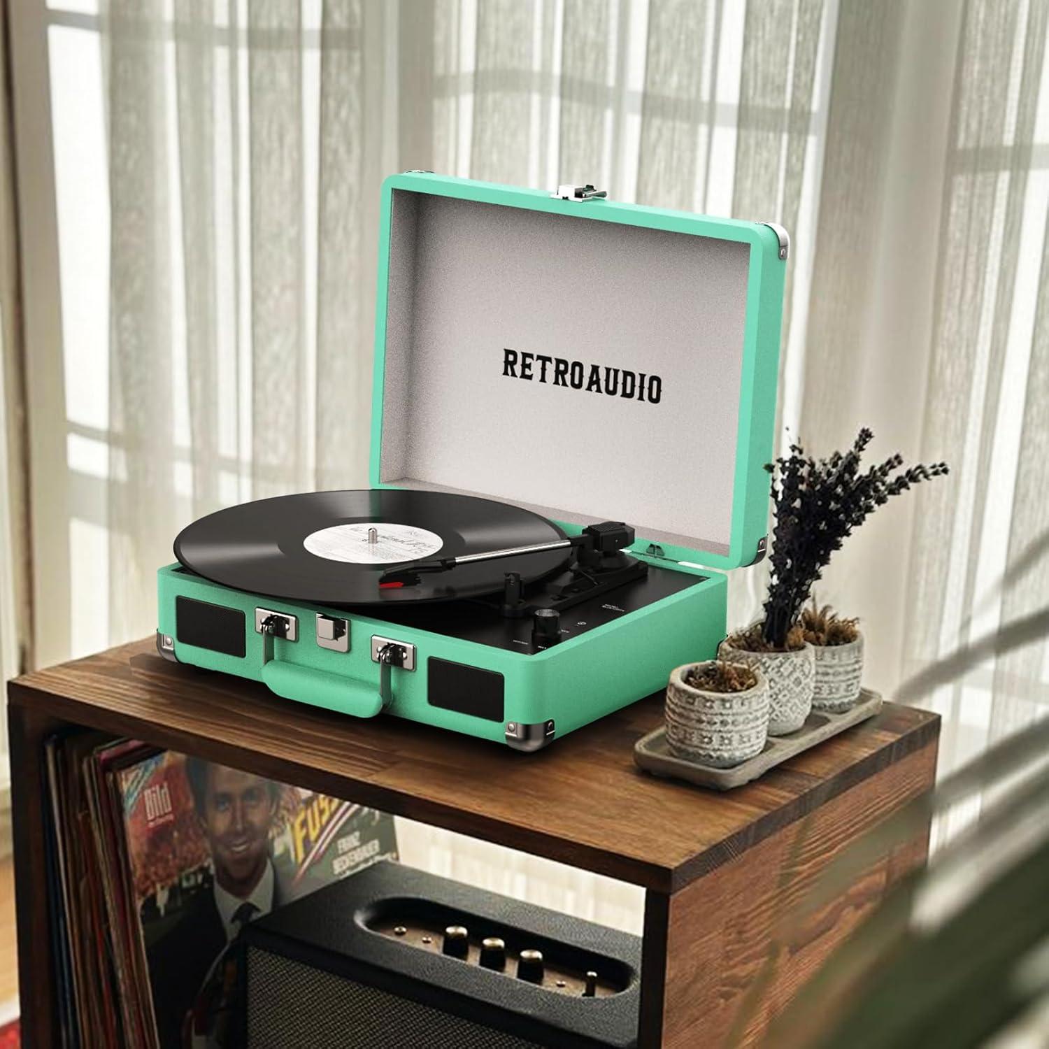 Reproductor de Vinilo RetroAudio Maleta Bluetooth 3 Velocidades Verde