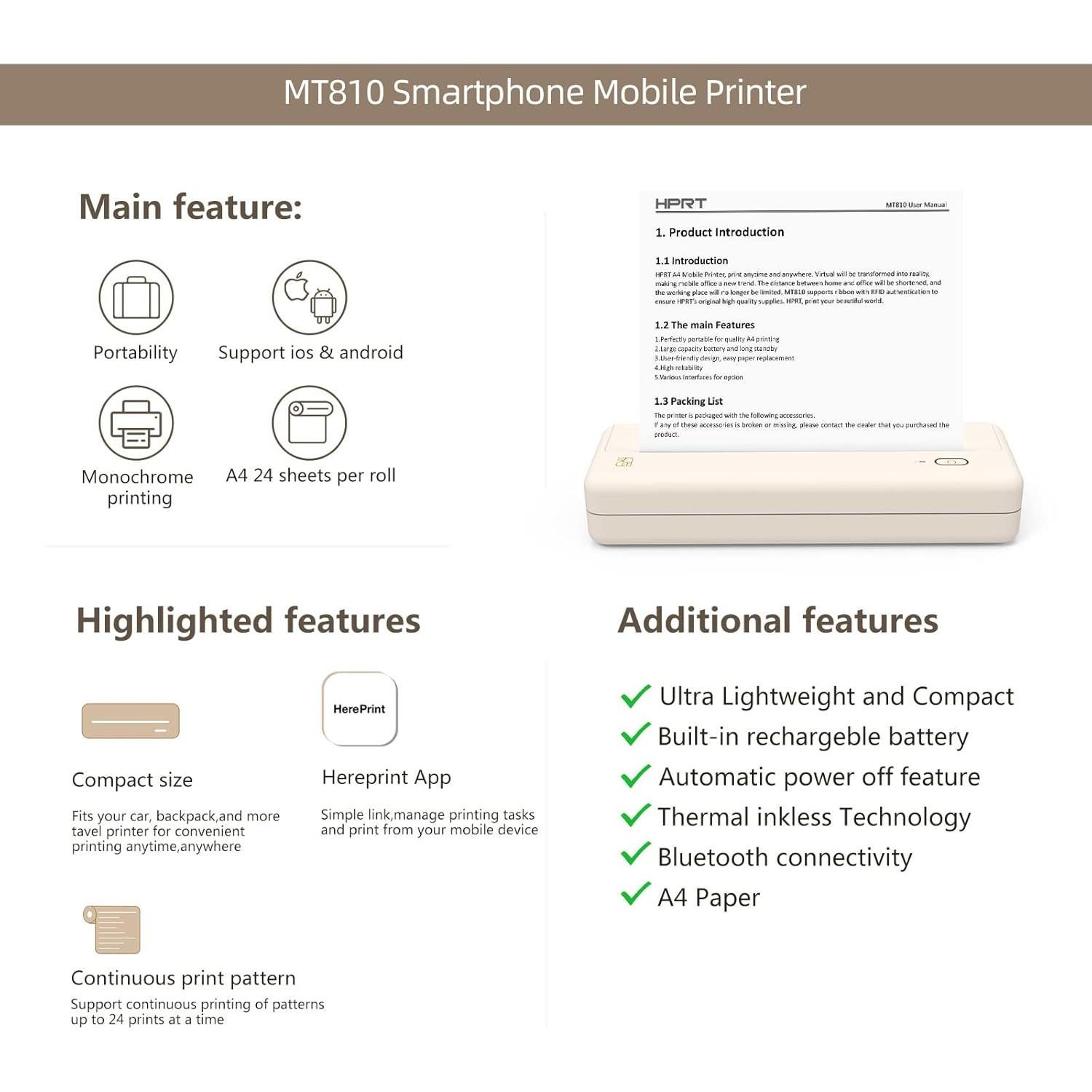 Impresora Térmica Portátil HPRT MT810 Bluetooth Sin Tinta