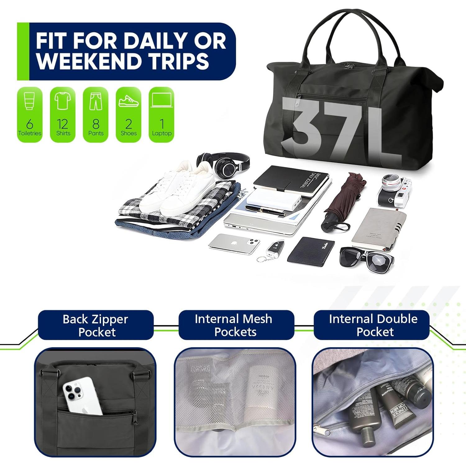 Bolsa de viaje tipo duffle negra unisex 27x55x18 cm