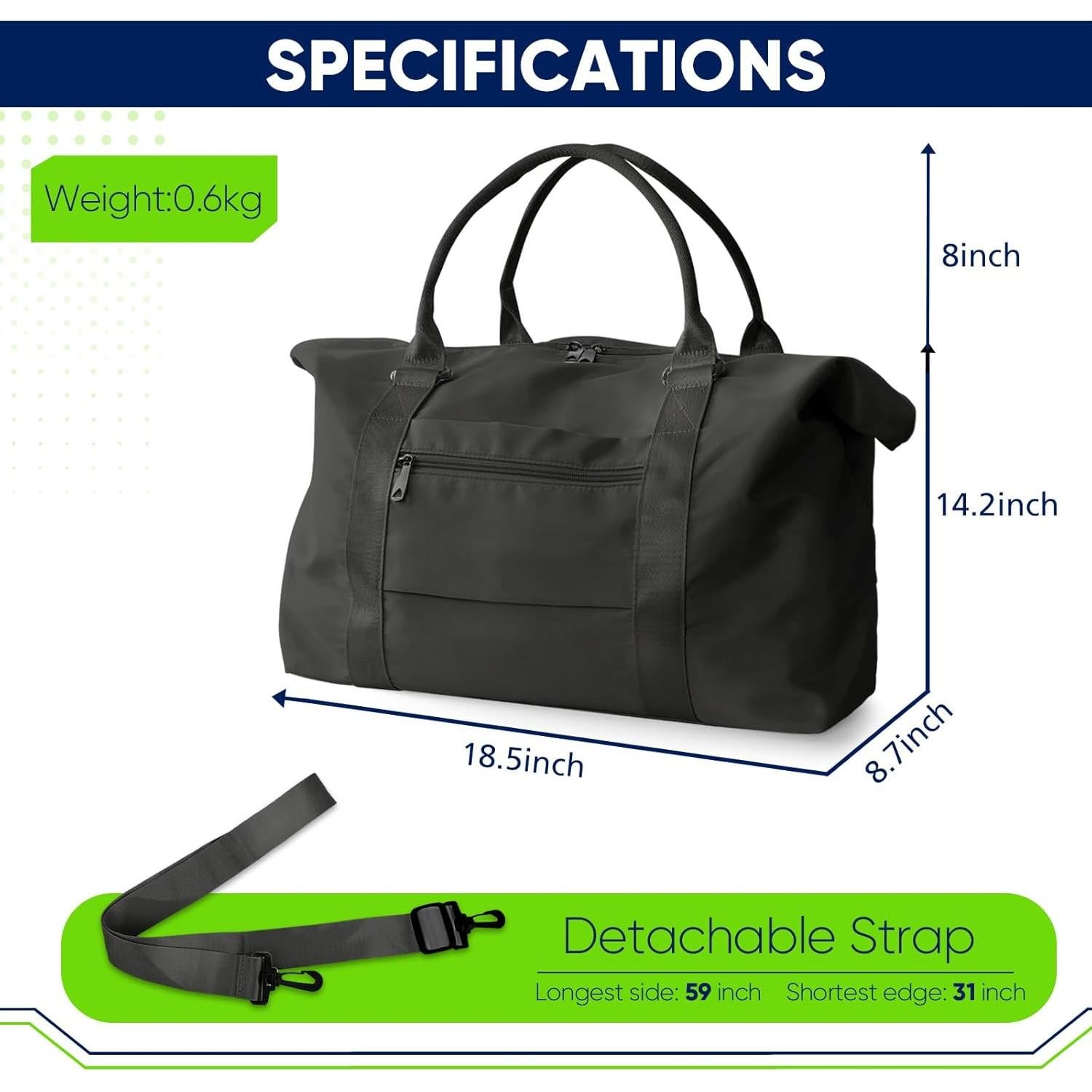 Bolsa de viaje tipo duffle negra unisex 27x55x18 cm