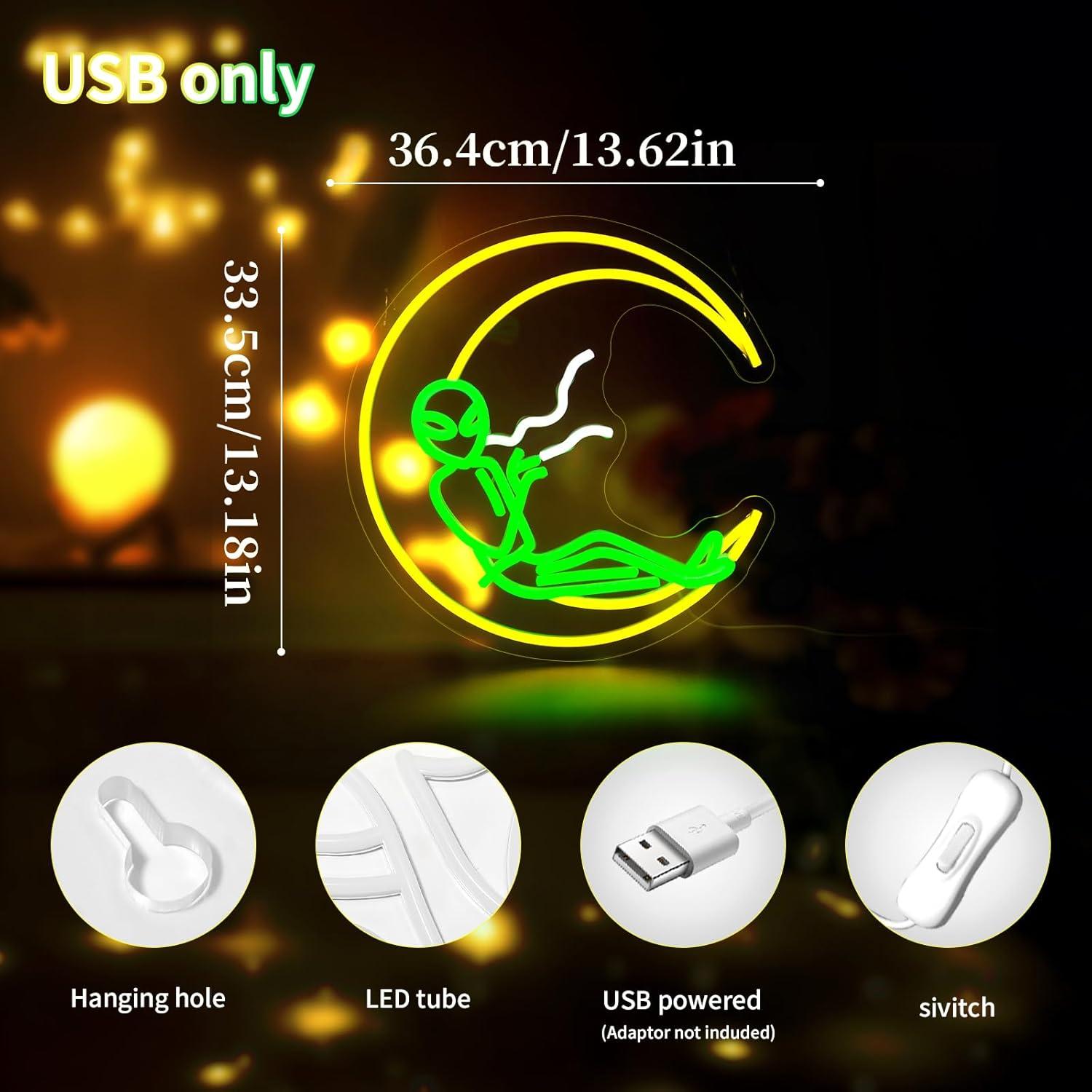 Luz de Neón LED Qetibwk Luna Alienígena Verde 39x25cm