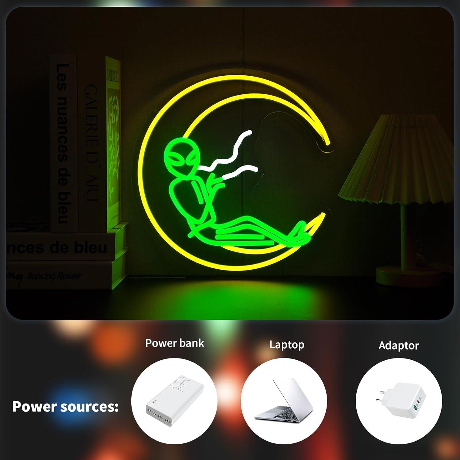 Luz de Neón LED Qetibwk Luna Alienígena Verde 39x25cm