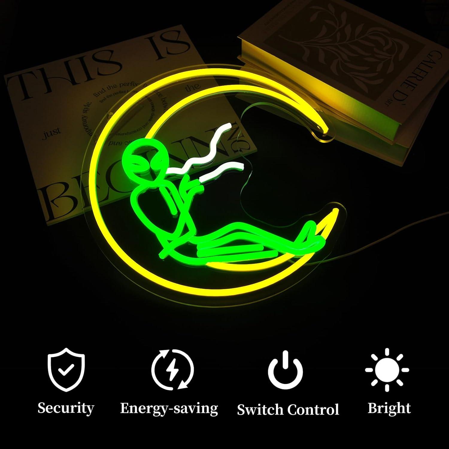 Luz de Neón LED Qetibwk Luna Alienígena Verde 39x25cm