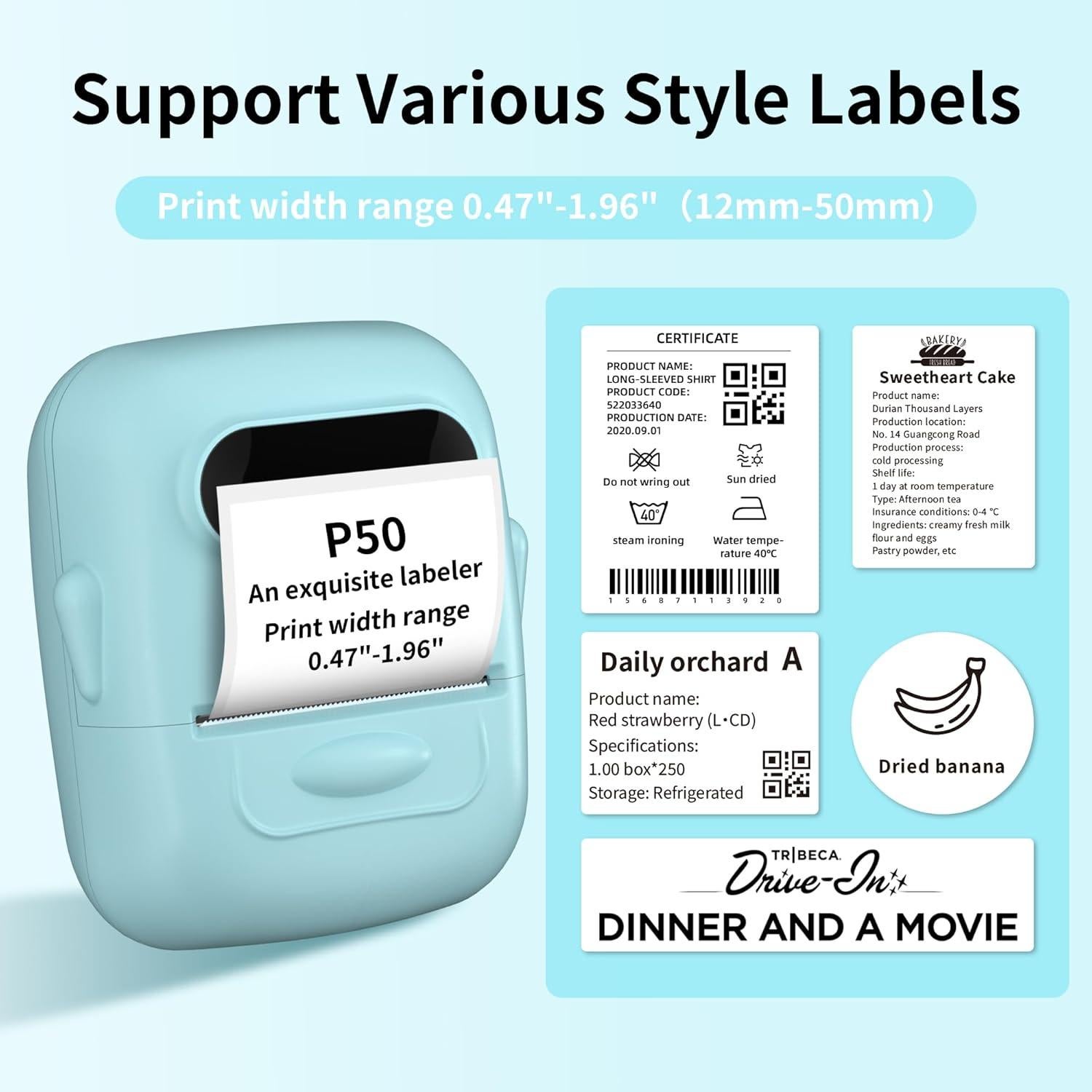 Impresora de Etiquetas Térmica Bluetooth P50 - Portátil, 200x300 dpi, Azul