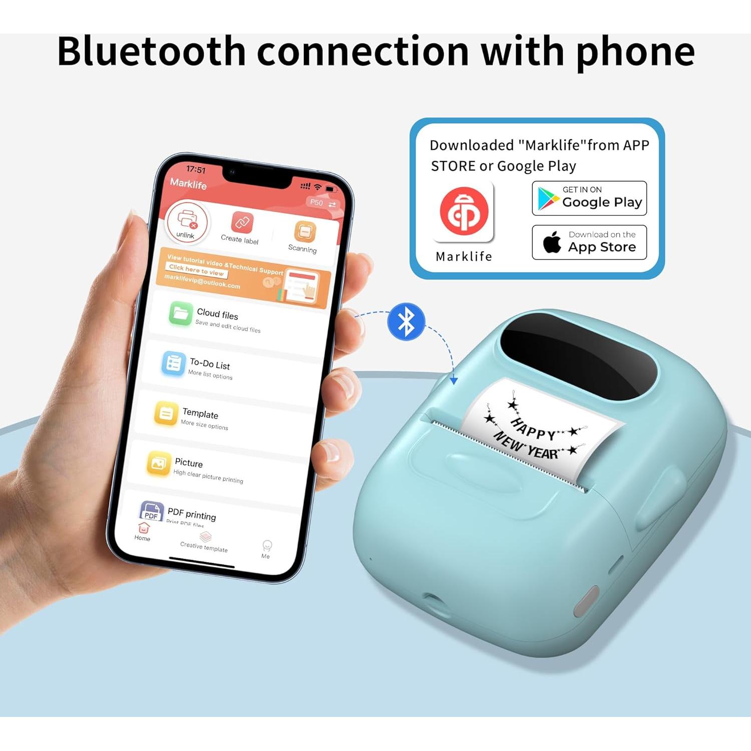 Impresora de Etiquetas Térmica Bluetooth P50 - Portátil, 200x300 dpi, Azul