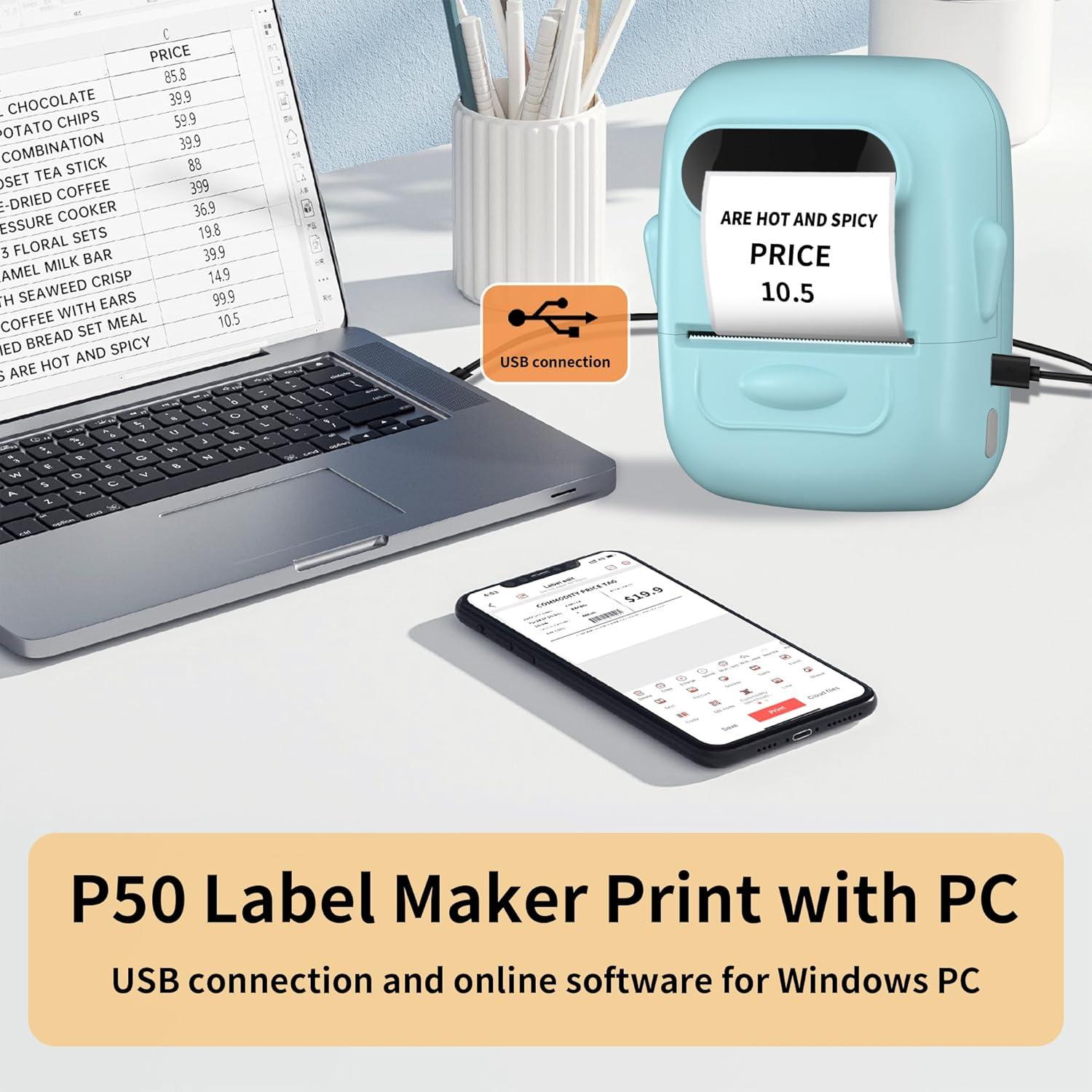 Impresora de Etiquetas Térmica Bluetooth P50 - Portátil, 200x300 dpi, Azul