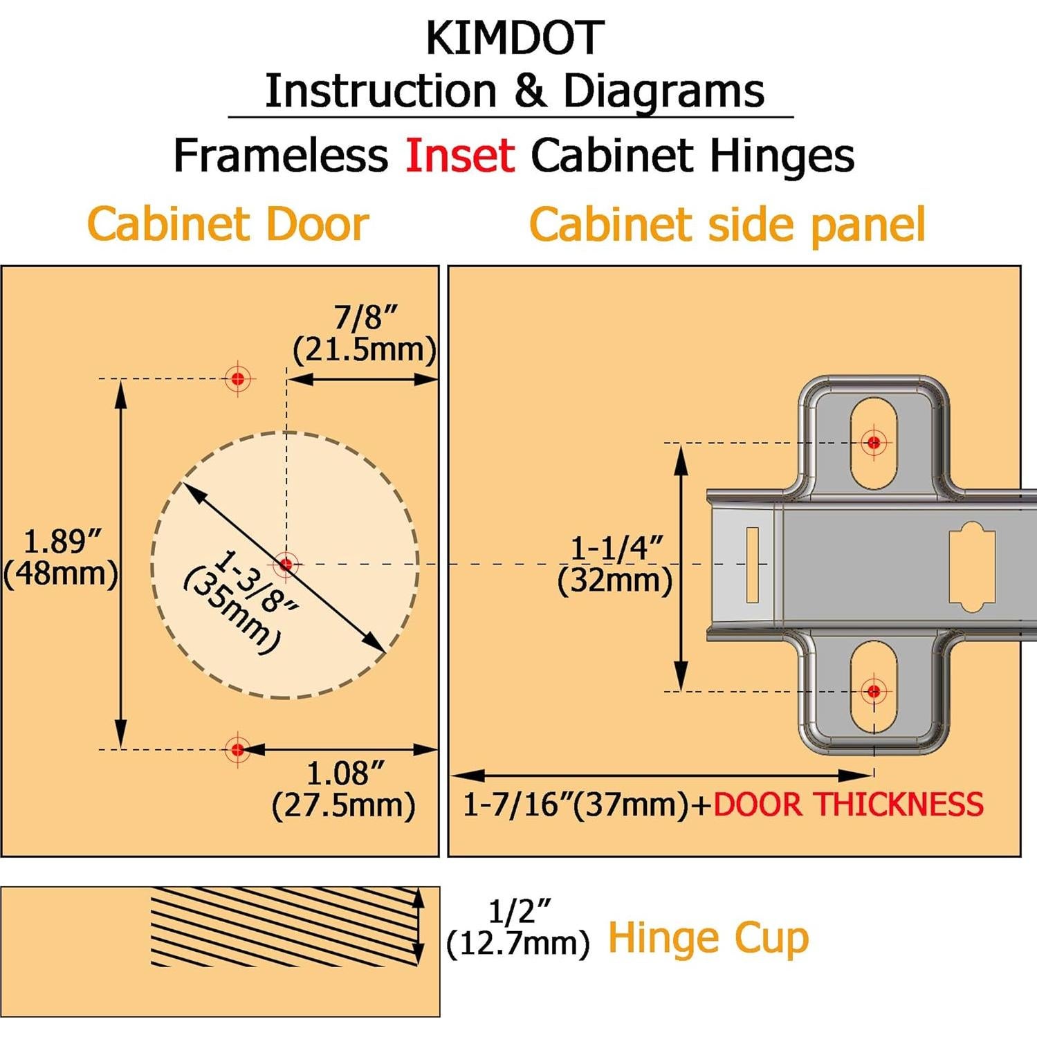 Bisagras de Cierre Suave Kimdot 35mm para Gabinetes Sin Marco