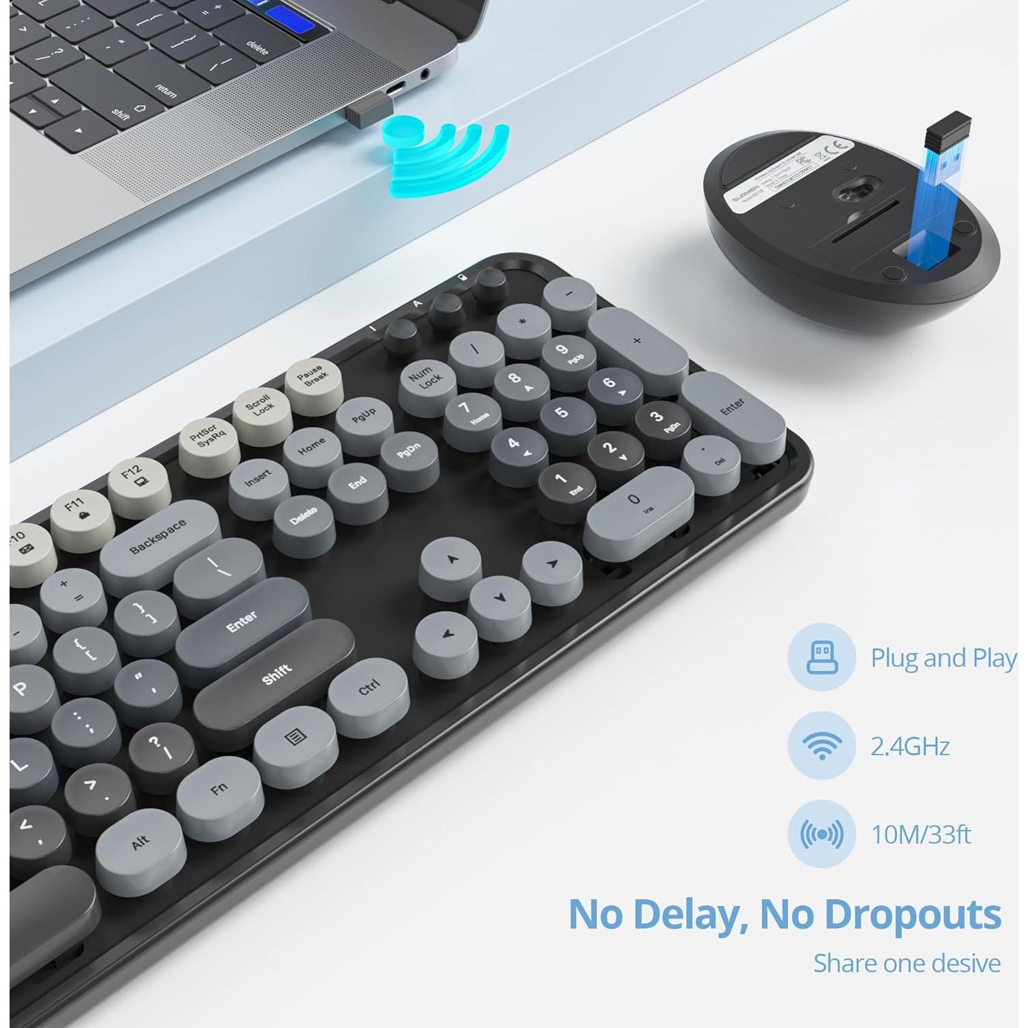 Combo Teclado y Ratón Inalámbricos Ussixchare Negro Retro