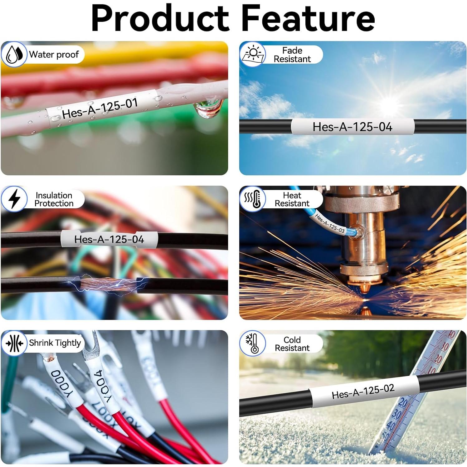 Paquete de 4 Etiquetas Termocontráctiles Esaytool 5.8mm Negro sobre Blanco