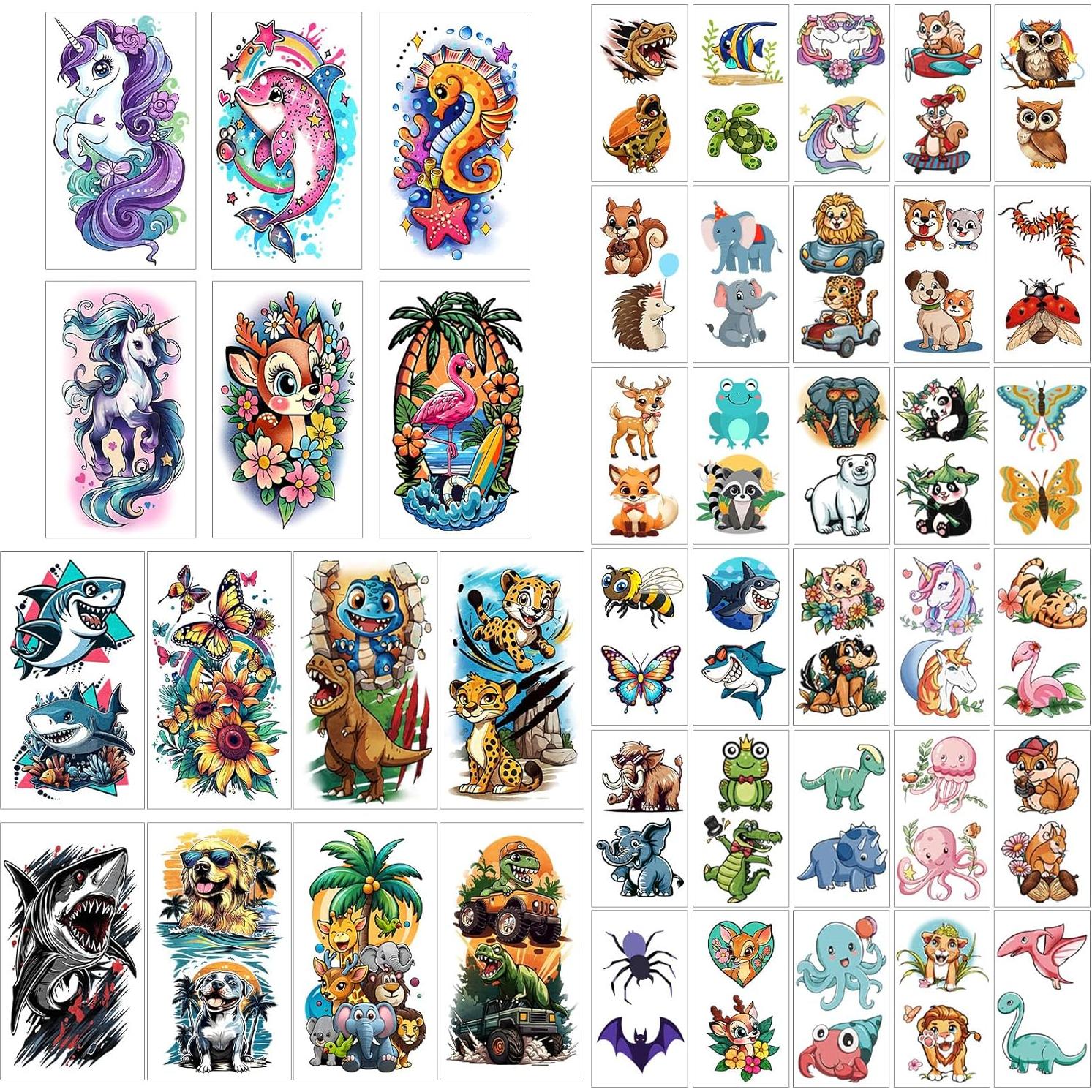 52 Hojas de Tatuajes Temporales Metuu para Niños - Animales y Más