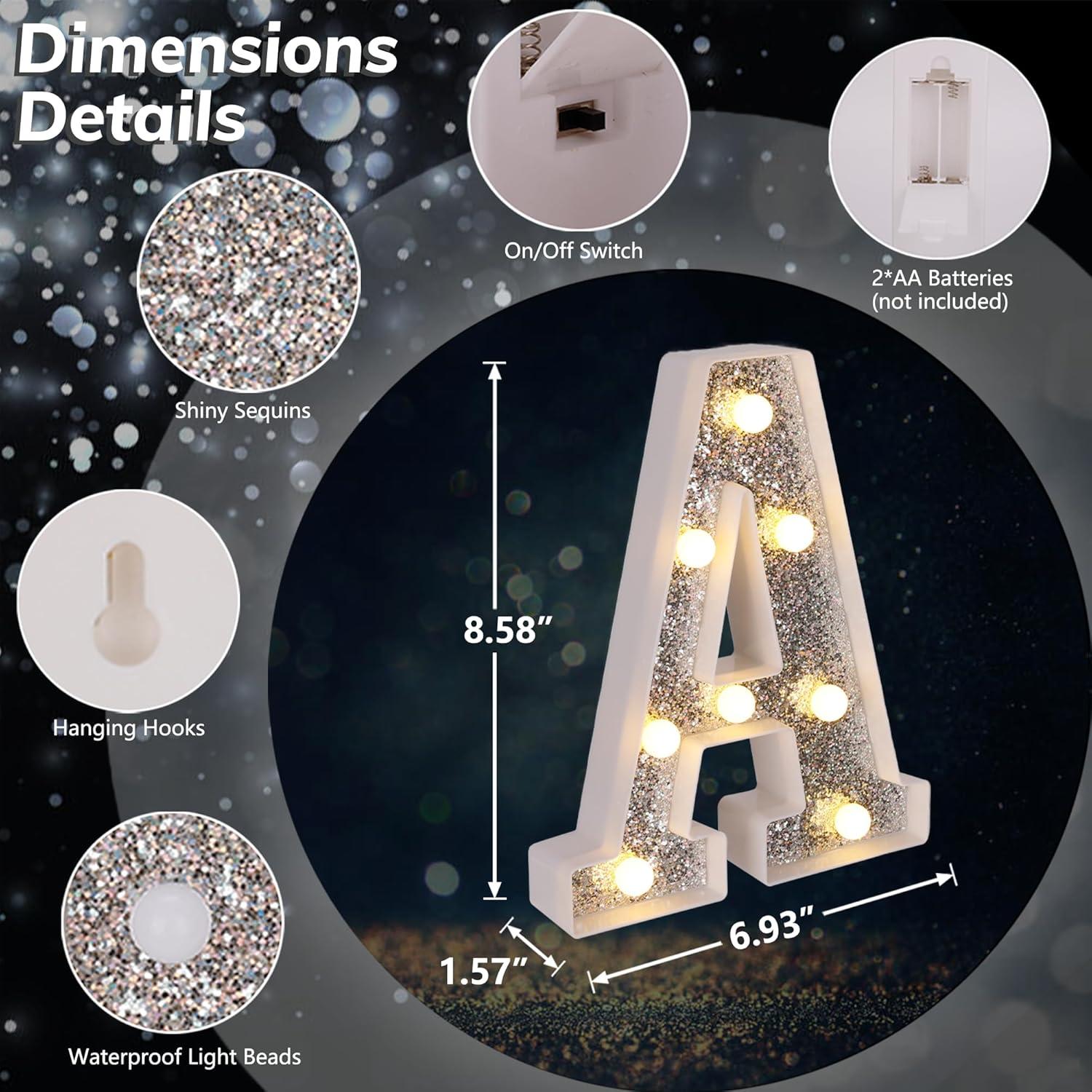 Luz LED Marquee Letra A TEHIBIEN Plateada Brillante 15.7cm