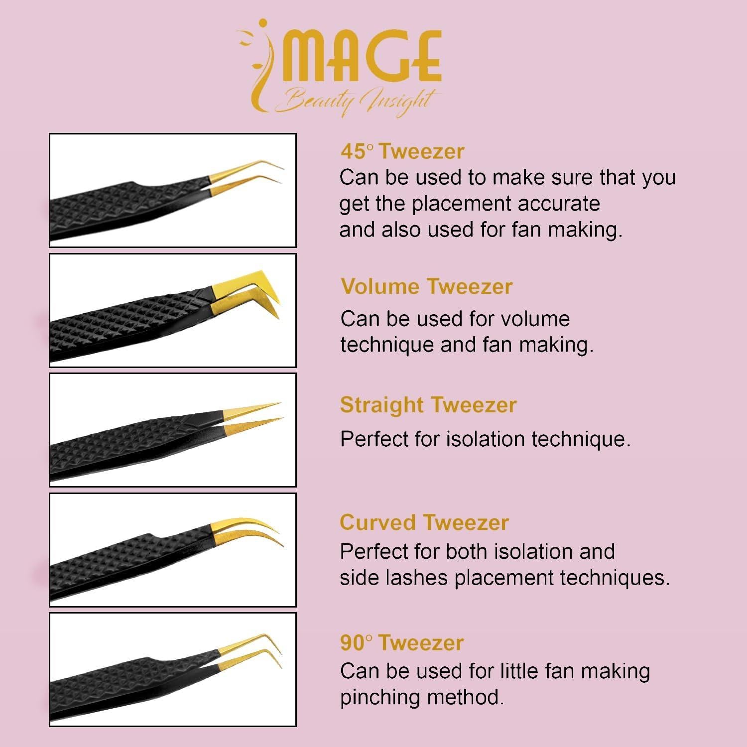 Juego de Pinzas para Pestañas Image Beauty Insight - 5 Pzs Acero Japonés