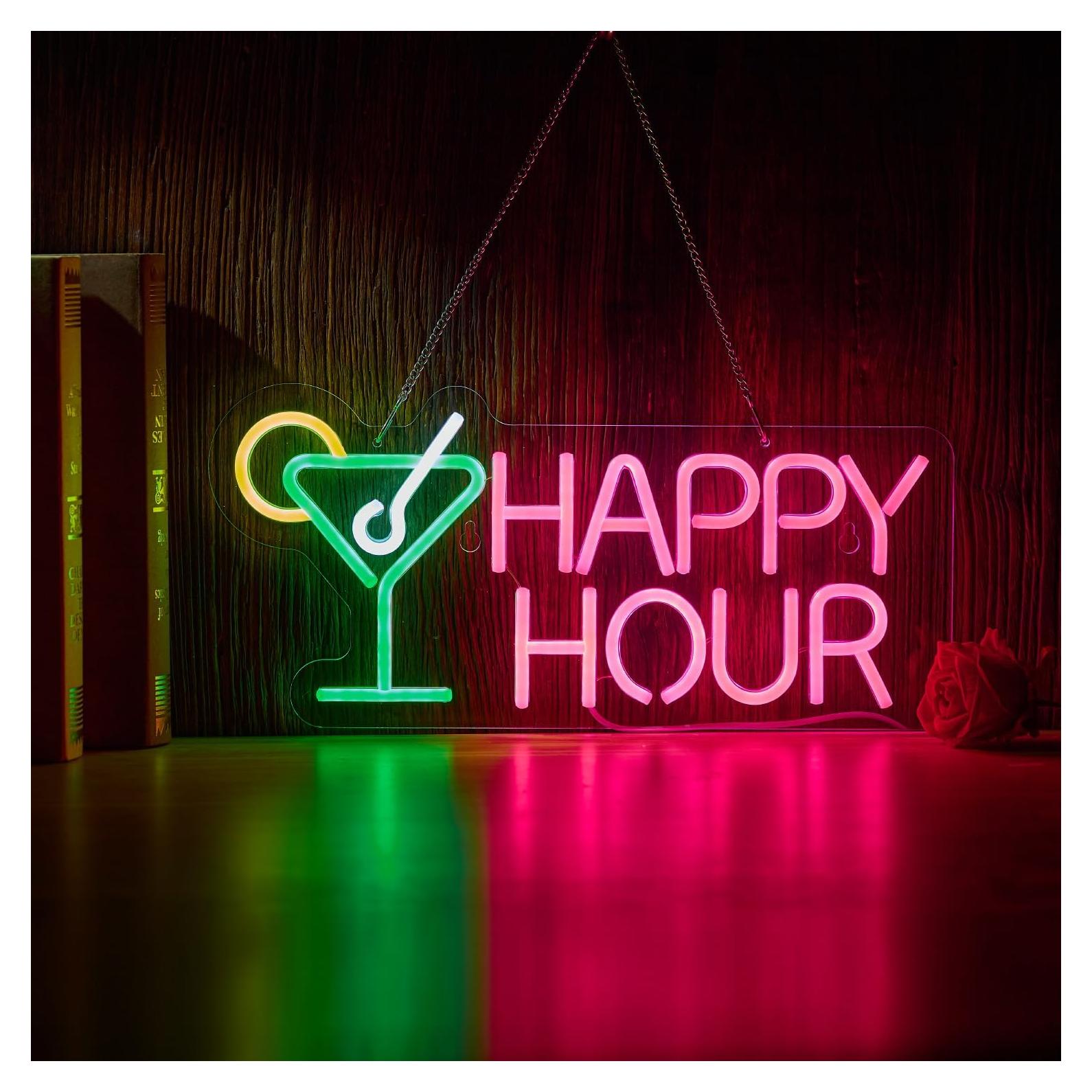 Cartel de Neón LED Hora Feliz Roouneon 43x21 cm Verde/Rosa