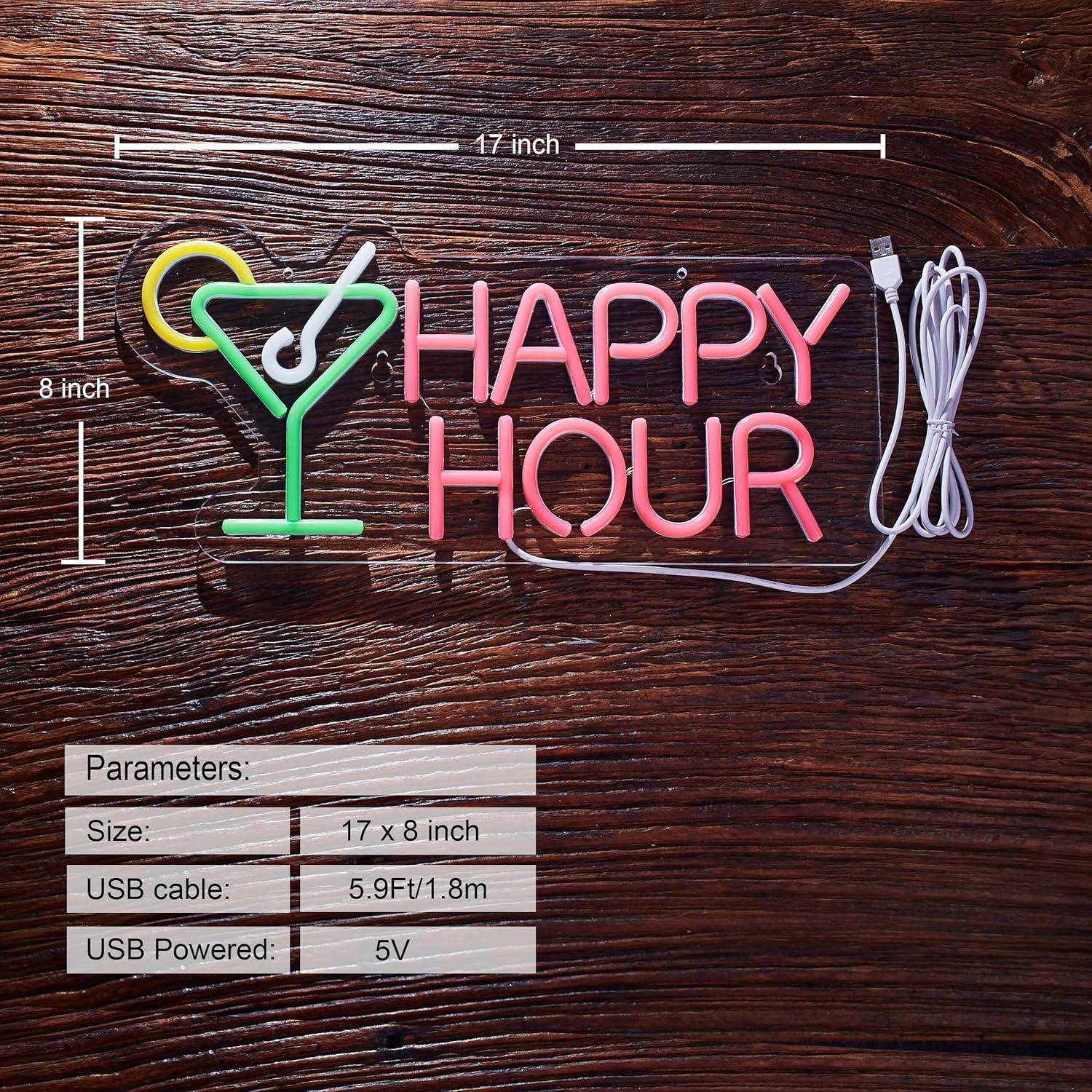 Cartel de Neón LED Hora Feliz Roouneon 43x21 cm Verde/Rosa