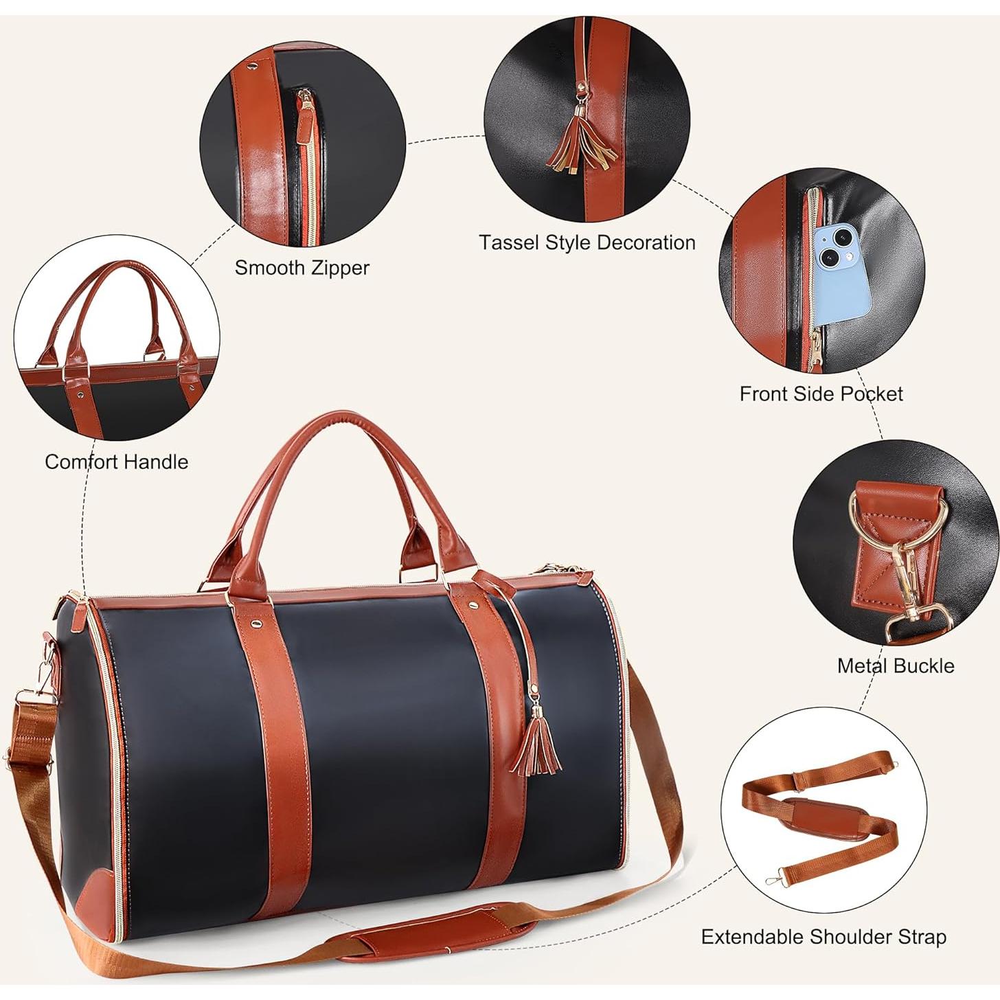 Bolsa de Viaje de Ropa VALUEQLO Grande 2 en 1 Cuero PU Negro