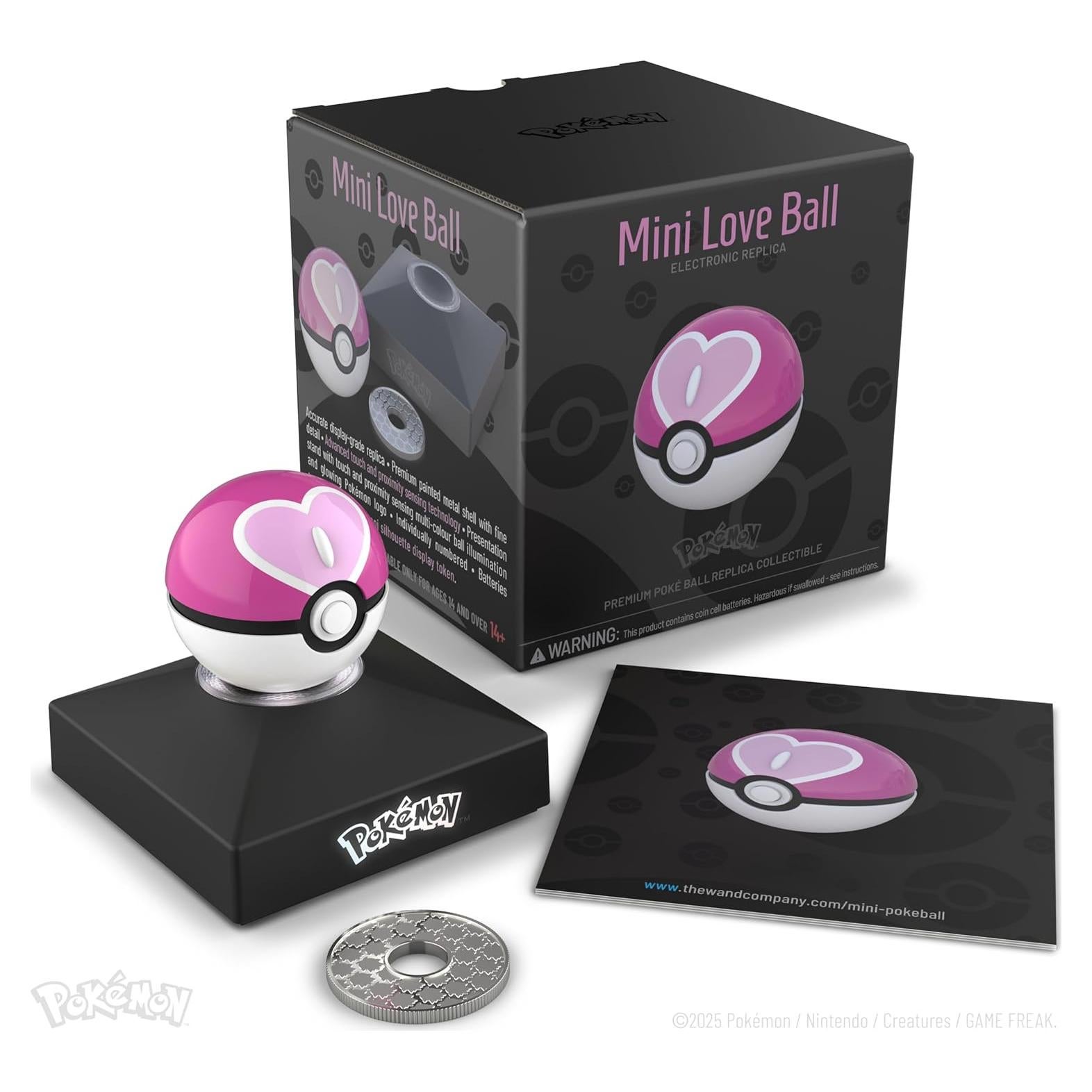 The Wand Company Pokémon Trainer Mini Poké Ball Range of Authentic Replicas - Realistic, Electronic, Die-Cast Poké Ball with Display Stand Light Features (Love Ball)