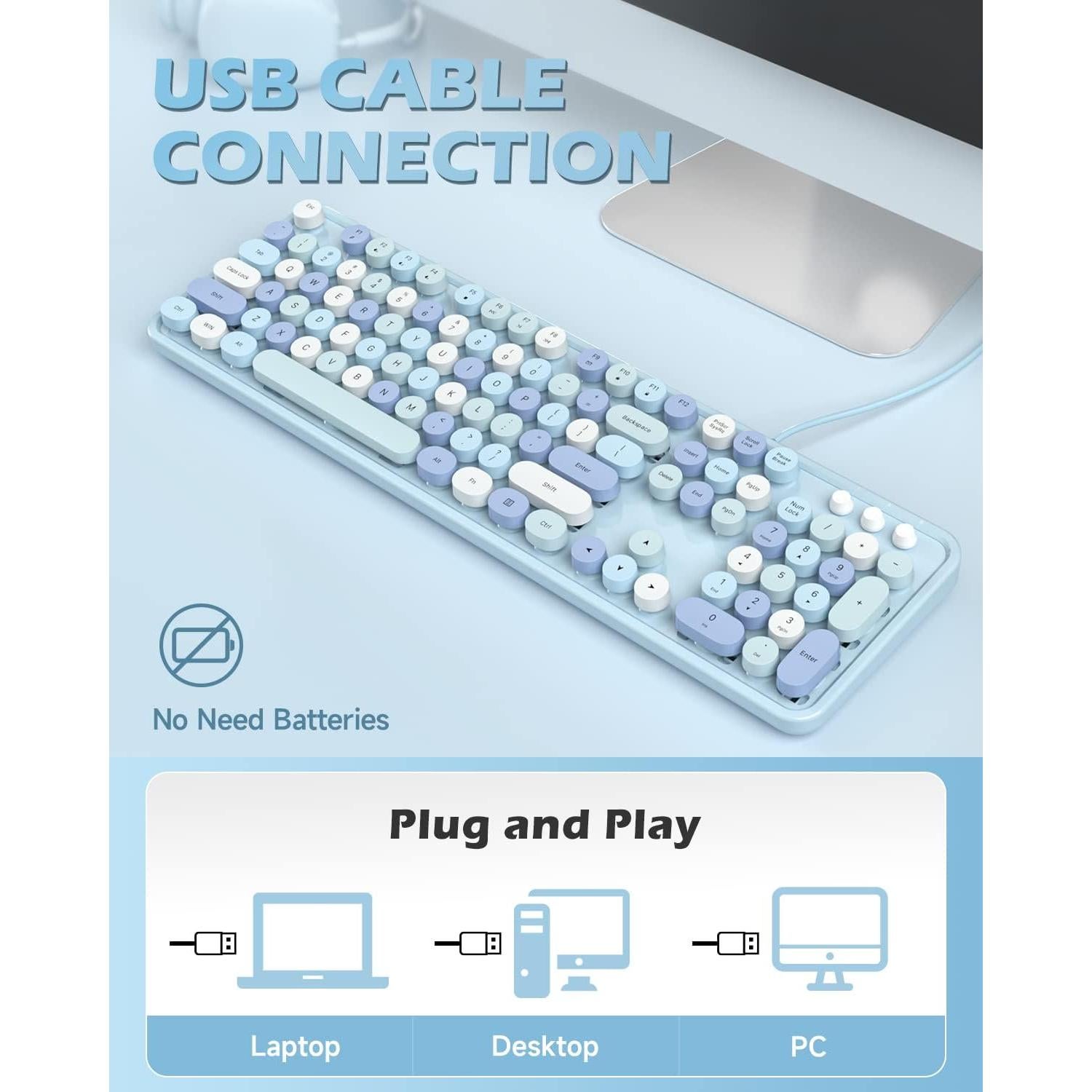 Teclado USB Retro Meidosa Azul Colorido con Teclas Redondas