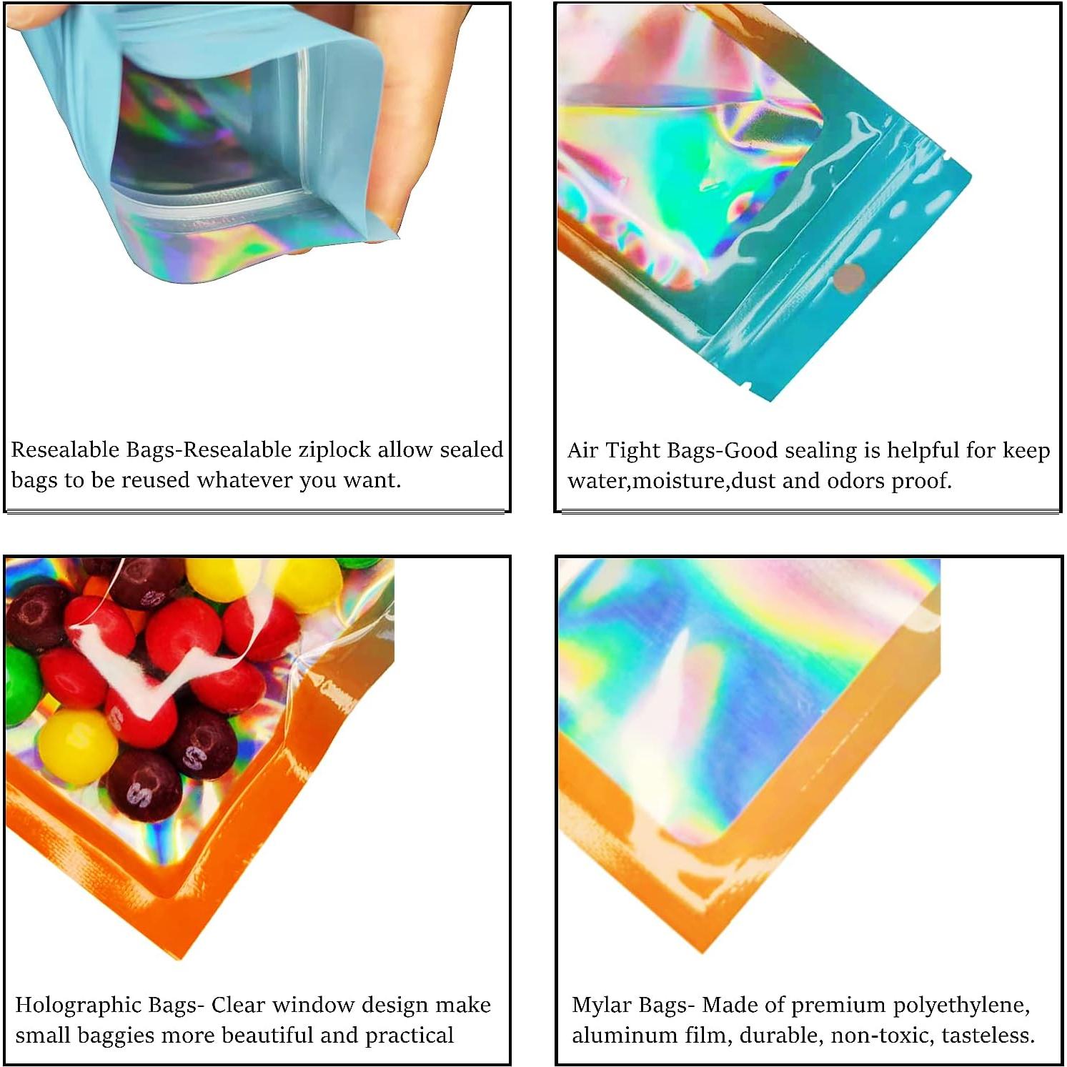 100 Bolsas Holográficas Mylar Loveaiai 6.86x9.91 cm Reutilizables