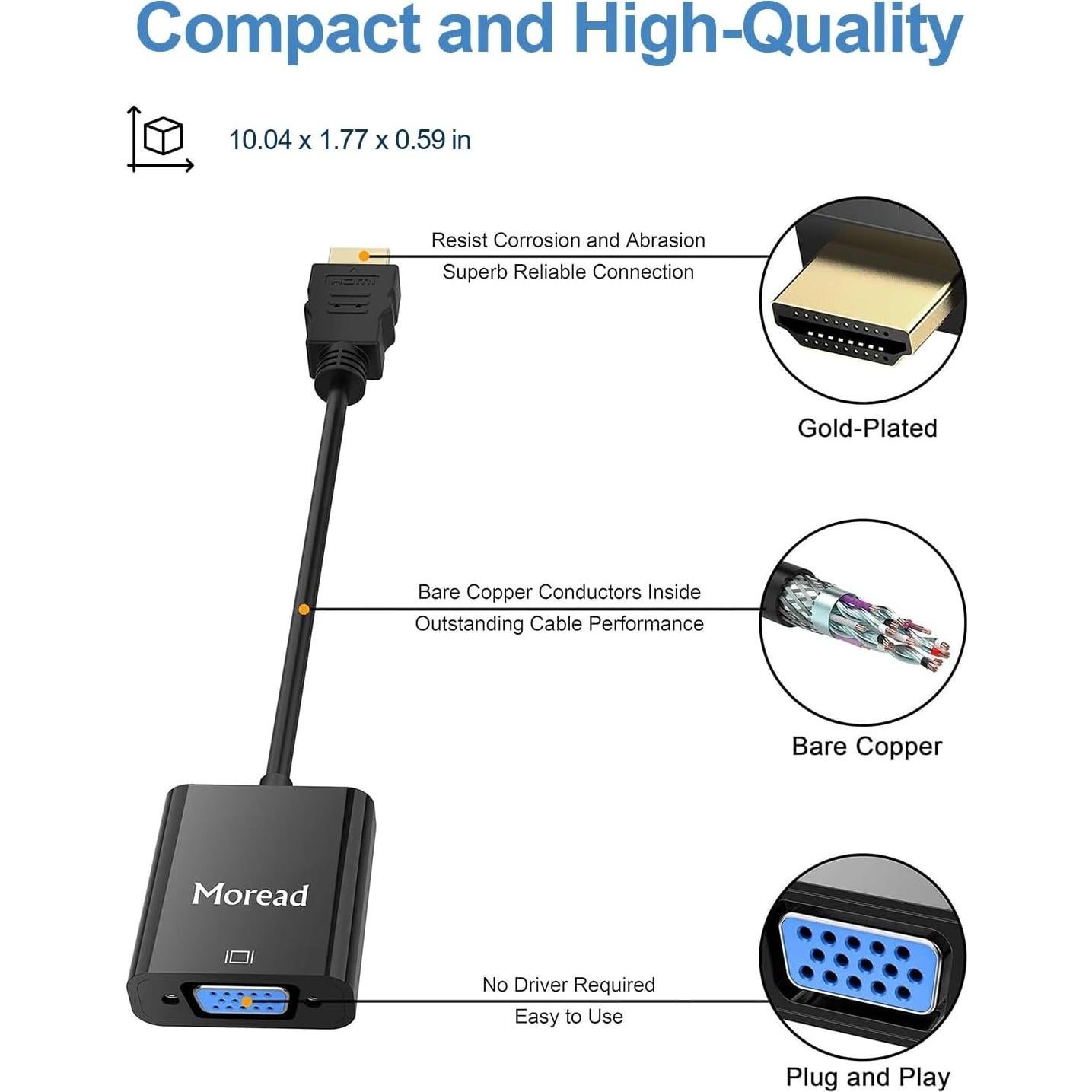 Adaptador HDMI a VGA Moread 1080p Negro para PC y Proyector