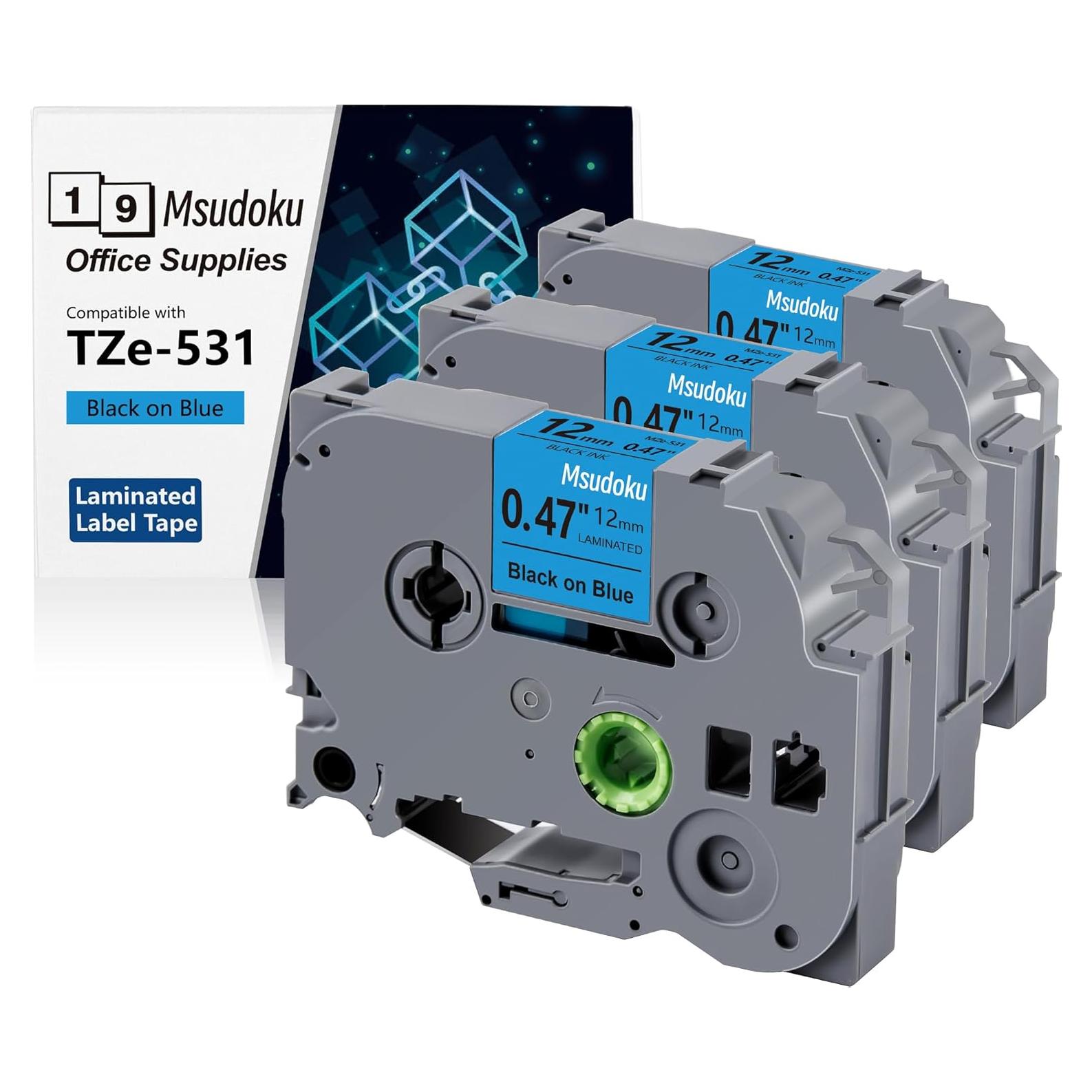Cinta Laminada 12mm Negro sobre Azul Msudoku TZe-531 Paquete 3