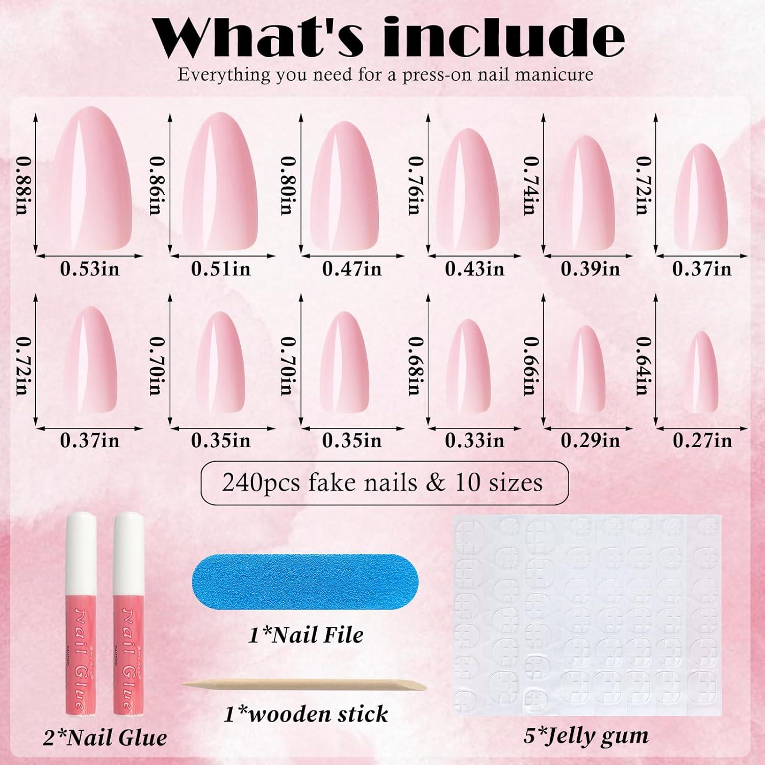 Uñas Postizas Almendra Rosa Medianas AddFavor 240pcs