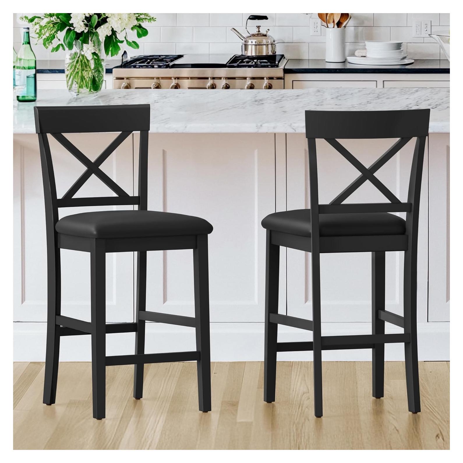 Set de 2 Taburetes de Bar Cozyman Madera Caucho Negro 66cm