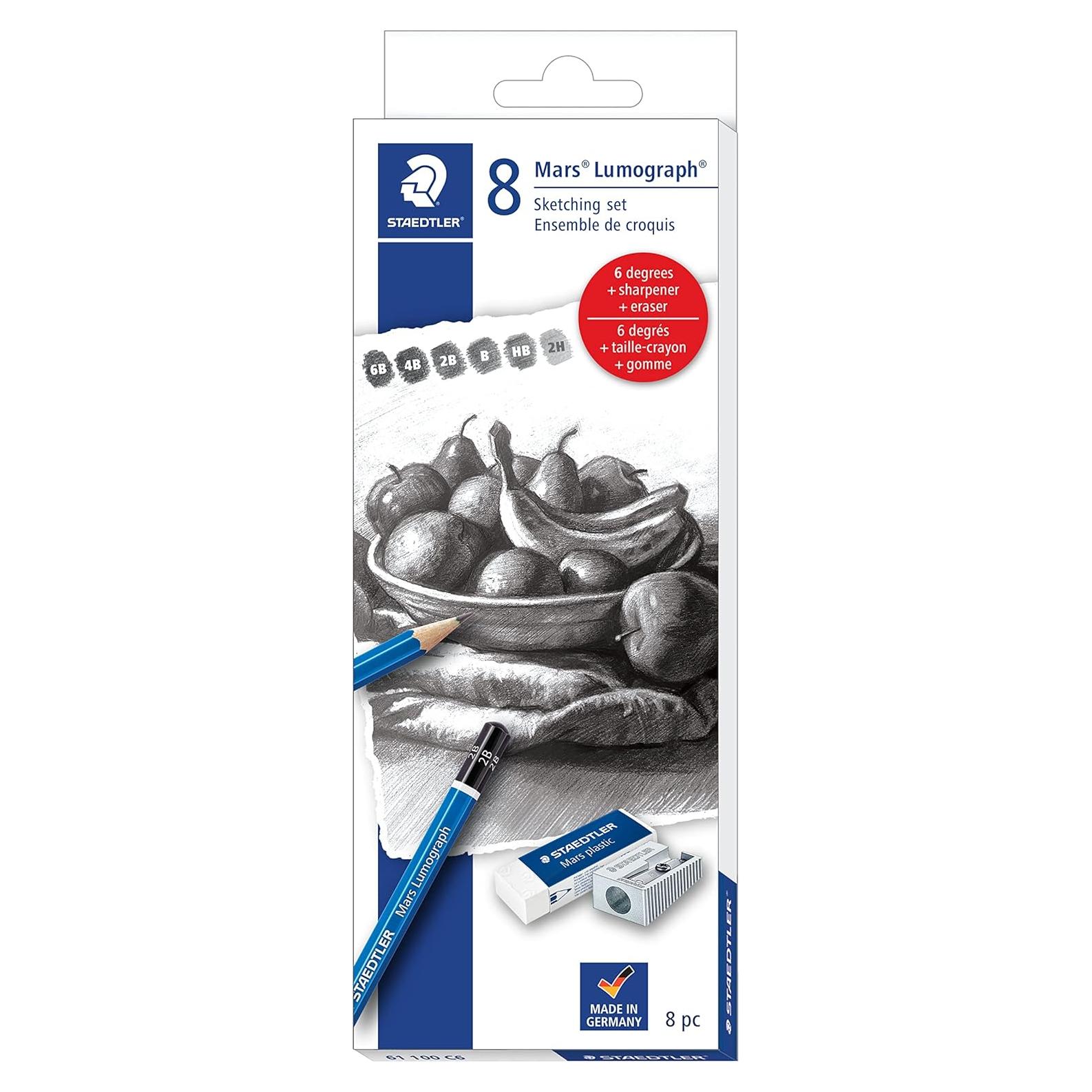 Set de bocetos Staedtler Mars Lumograph 8 piezas con borrador y sacapuntas
