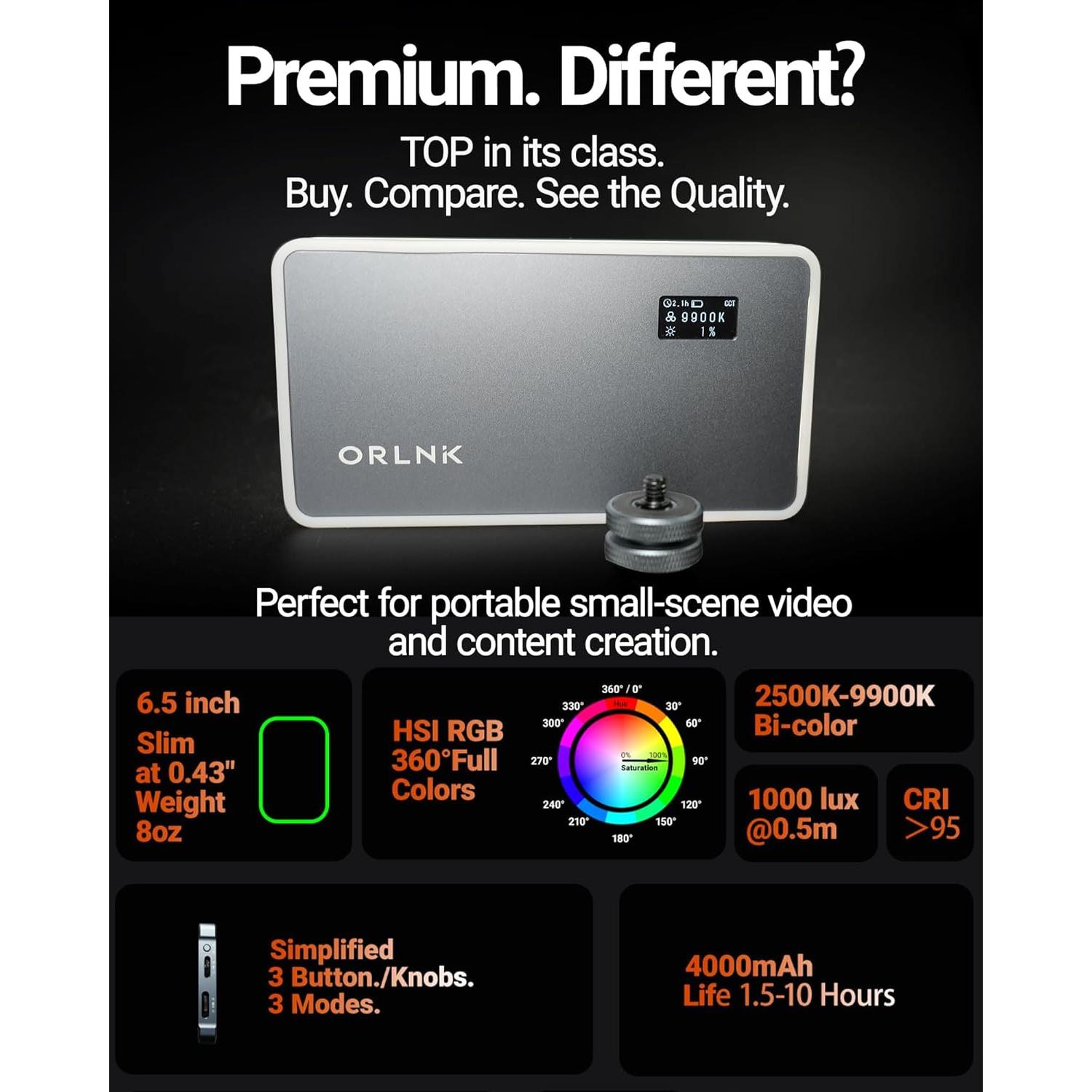 Luz de Video RGB Portátil ORLN'K 6.5" Aluminio 4000mAh