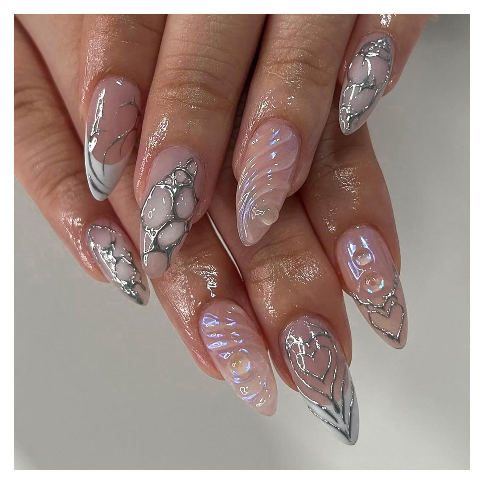 Uñas Falsas Largas Almendra RIICFDD 24 Pcs Efecto Ondas