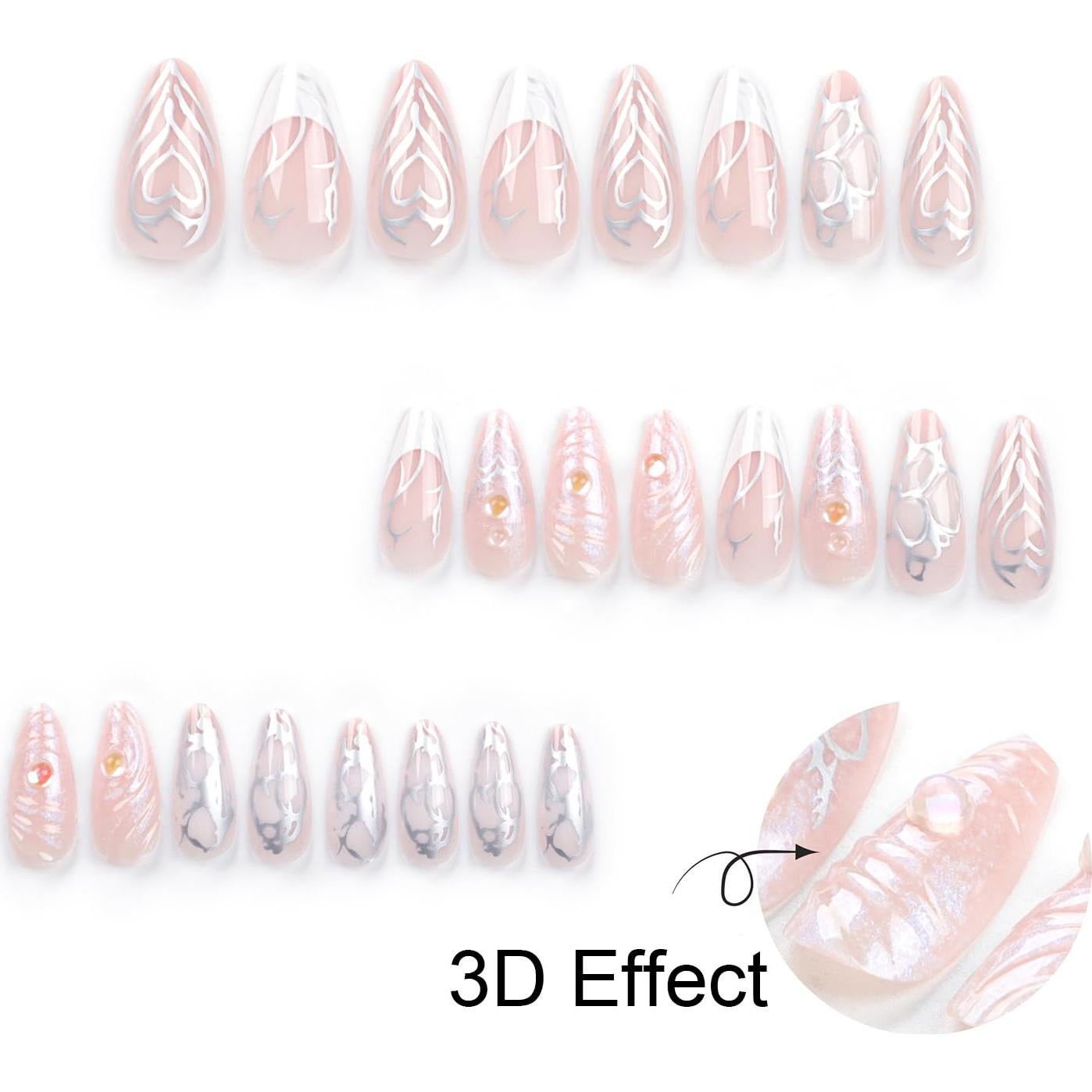 Uñas Falsas Largas Almendra RIICFDD 24 Pcs Efecto Ondas