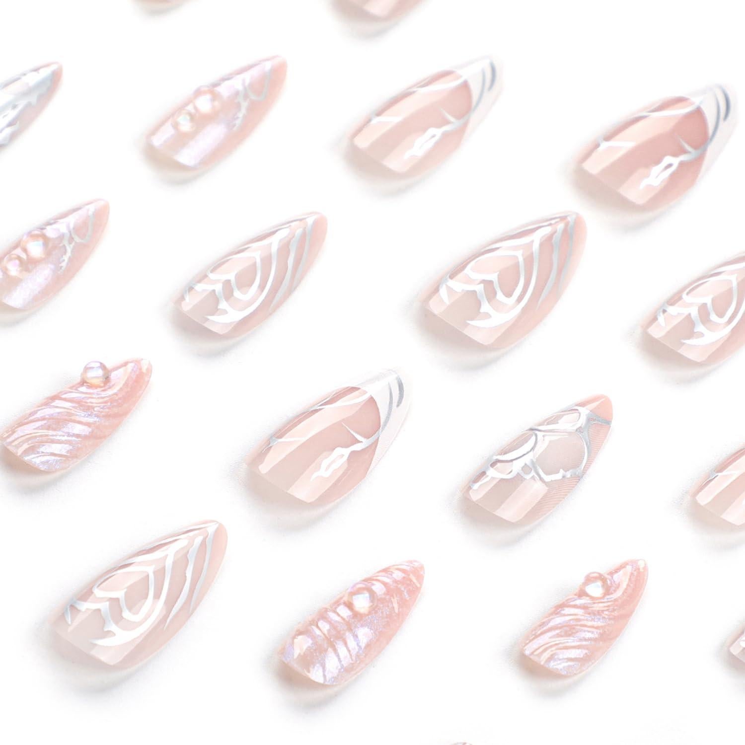 Uñas Falsas Largas Almendra RIICFDD 24 Pcs Efecto Ondas