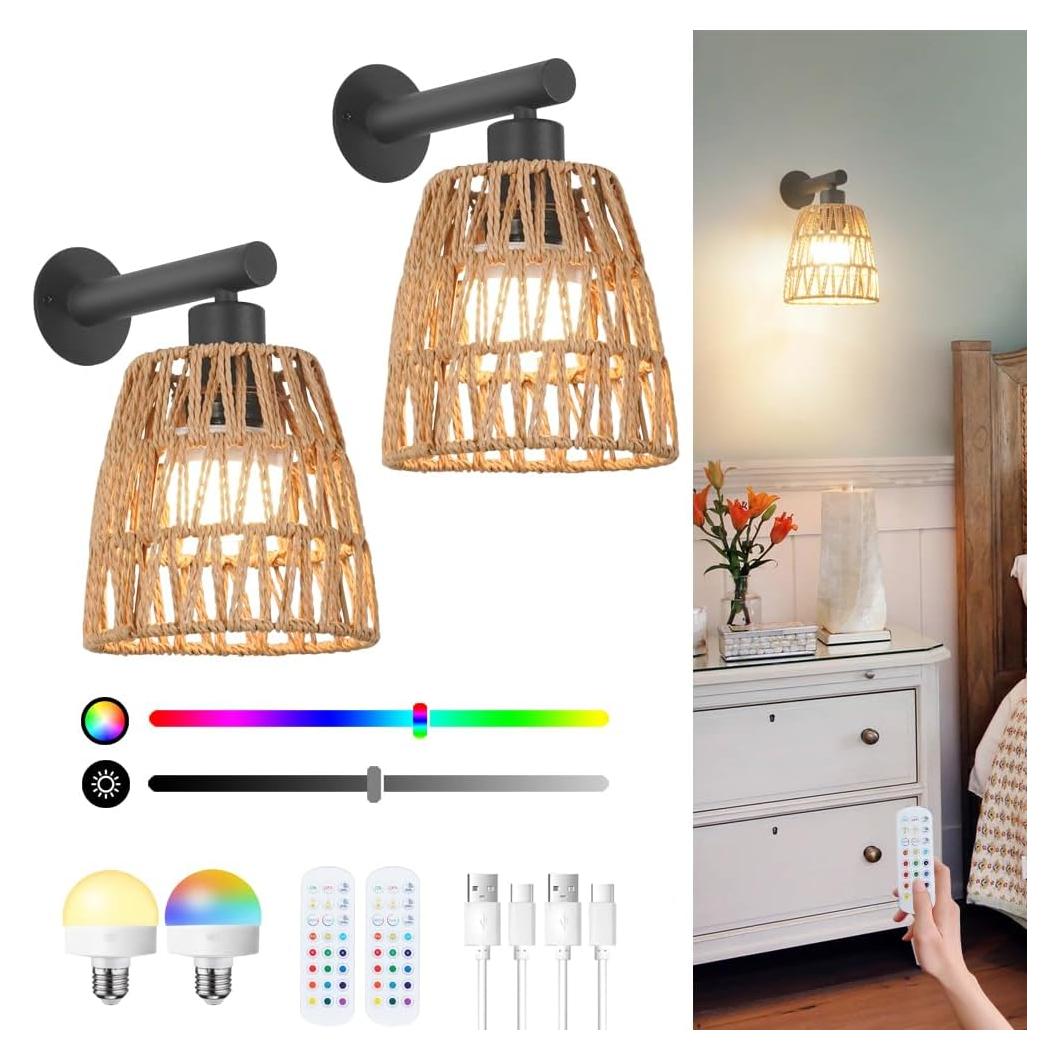 Apliques de Pared Boho a Batería OiYio, Juego de 2, Luz RGB