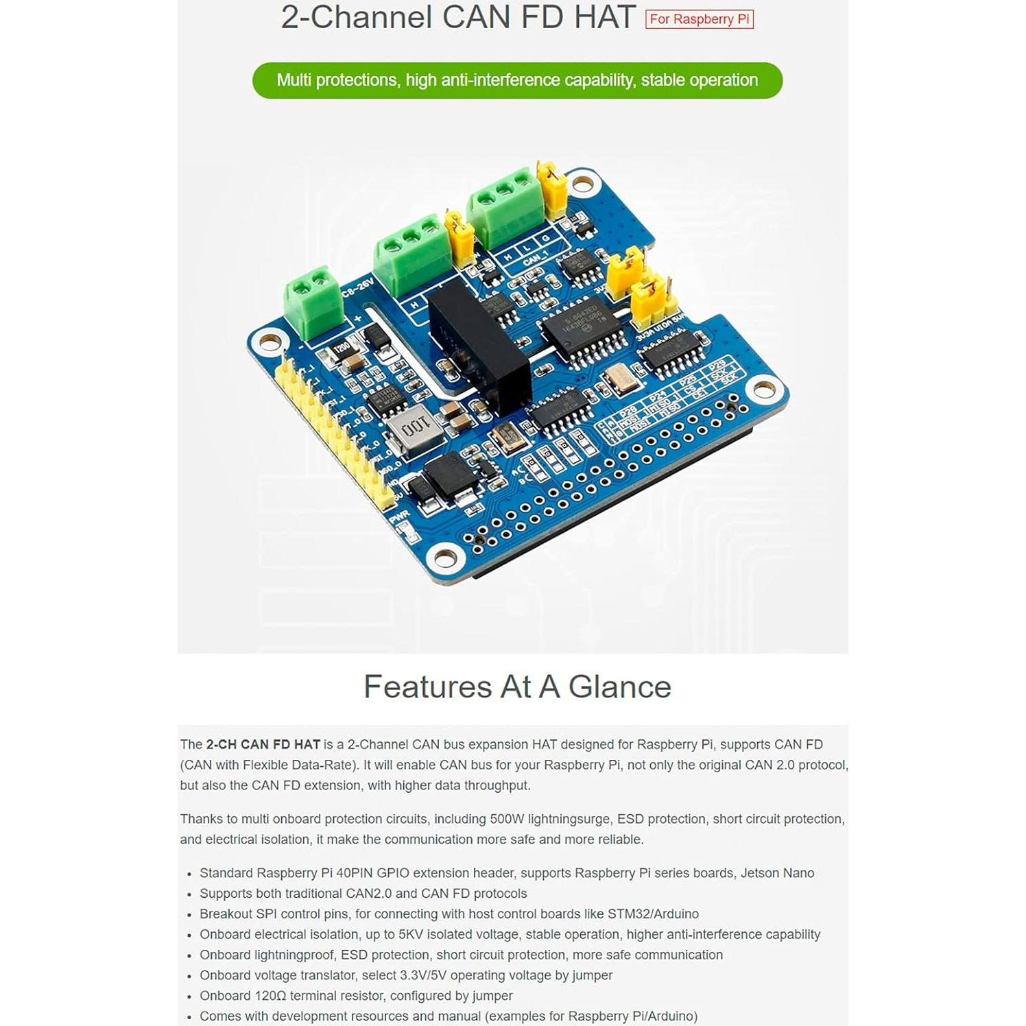 HAT de Expansión CAN FD 2 Canales Waveshare para Raspberry Pi