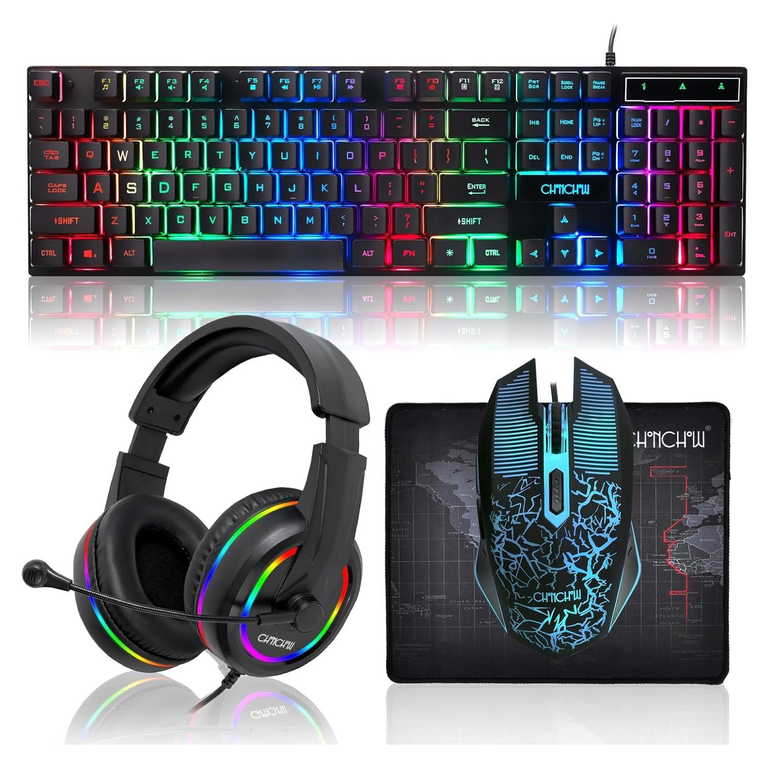 Combo Gamer Teclado LED Arcoíris CHONCHOW + Ratón + Auriculares + Alfombrilla