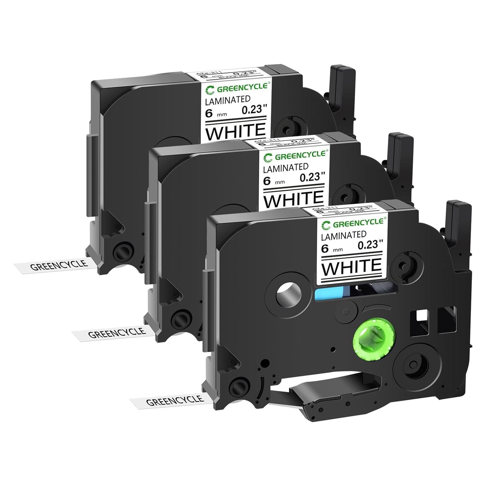 Cinta de Etiqueta Laminada Greencycle TZe-211 6mm Negra sobre Blanca - Paquete de 3