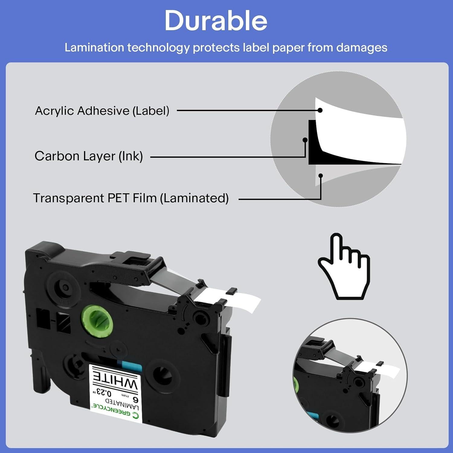 Cinta de Etiqueta Laminada Greencycle TZe-211 6mm Negra sobre Blanca - Paquete de 3