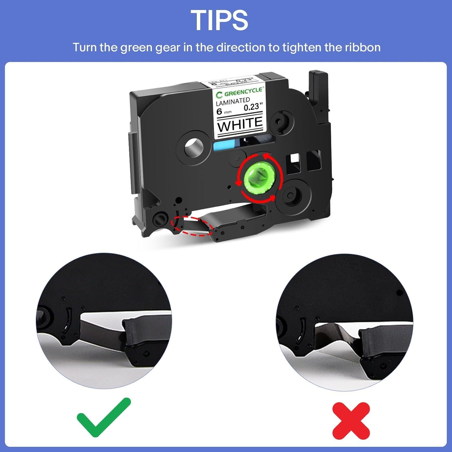 Cinta de Etiqueta Laminada Greencycle TZe-211 6mm Negra sobre Blanca - Paquete de 3