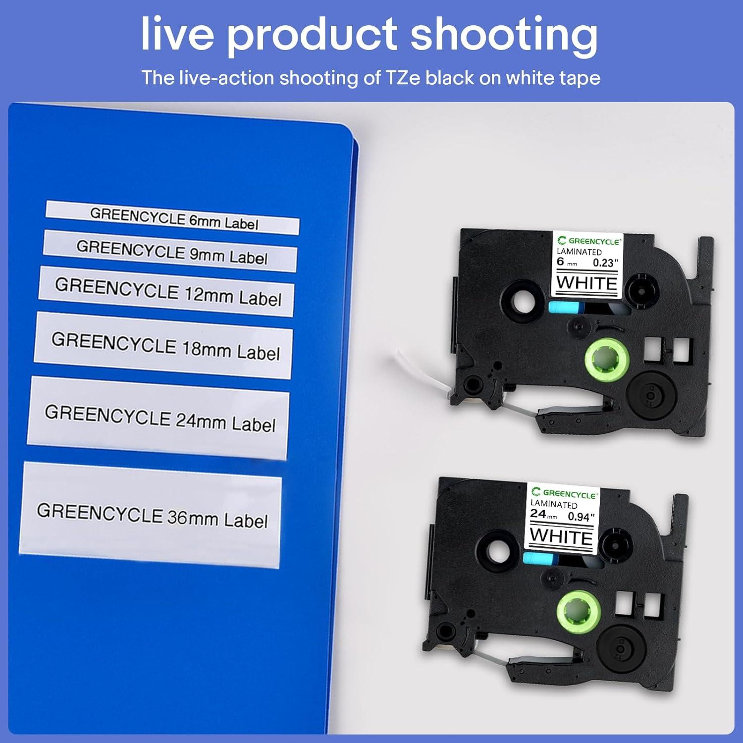 Cinta de Etiqueta Laminada Greencycle TZe-211 6mm Negra sobre Blanca - Paquete de 3