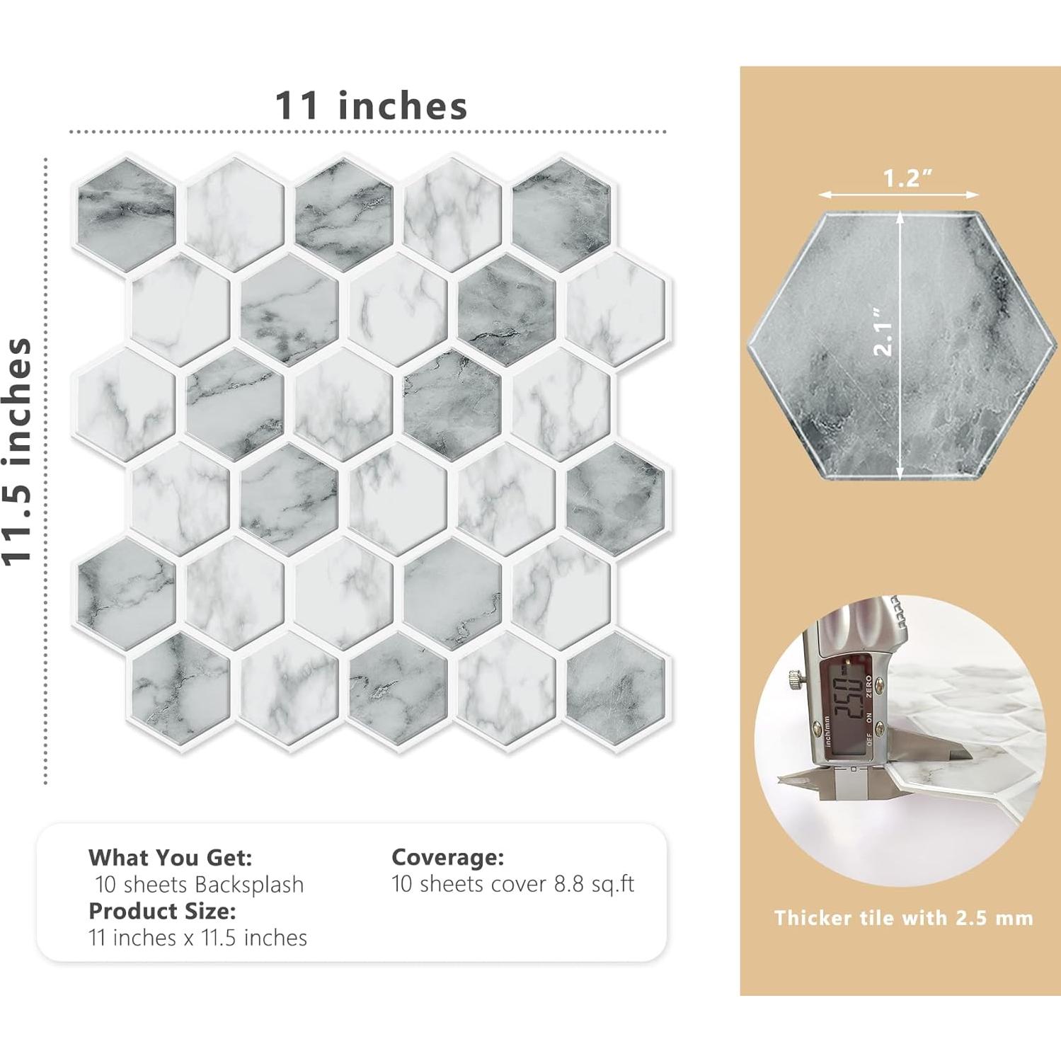 Azulejo Hexagonal Peel and Stick Vamos Tile Gris Mármol 10 Hojas