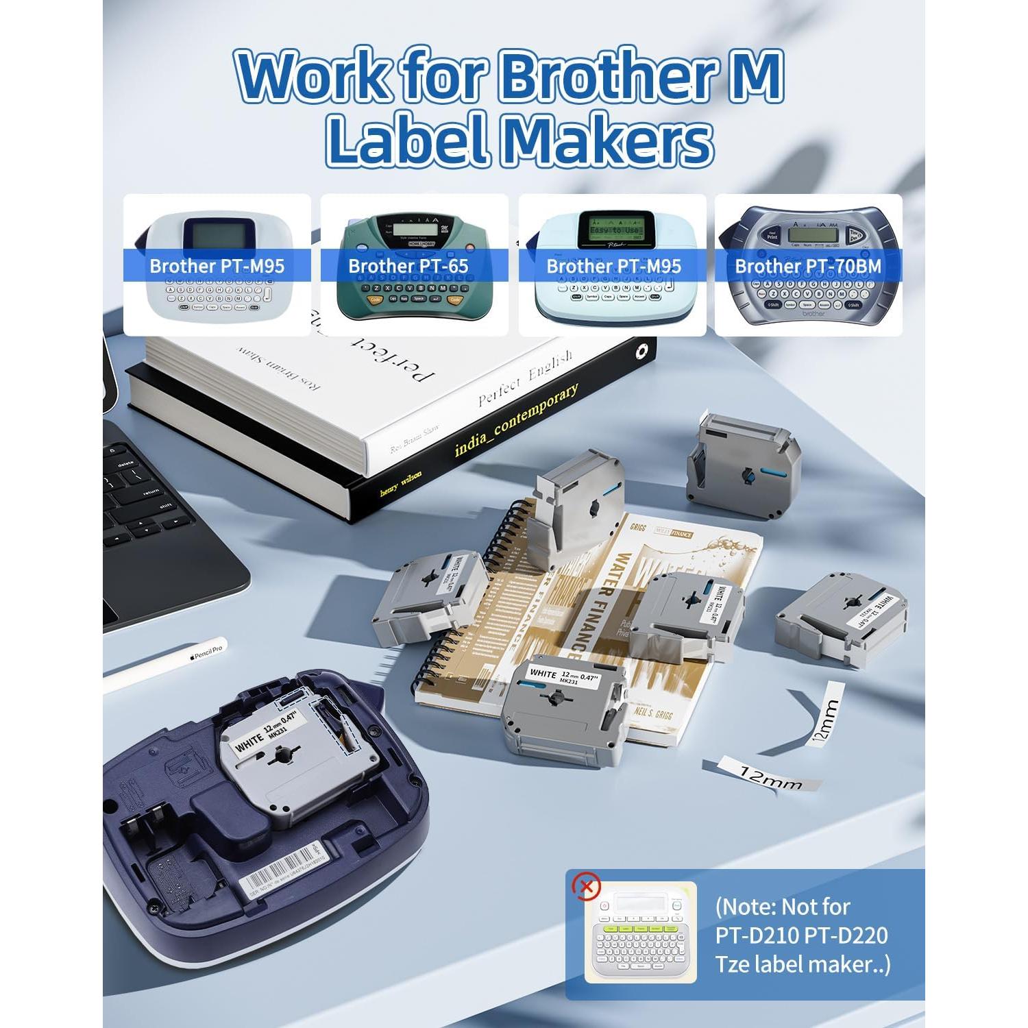 Cinta de Etiquetas Oozmas M-K231 12mm Negro sobre Blanco - Paquete de 6