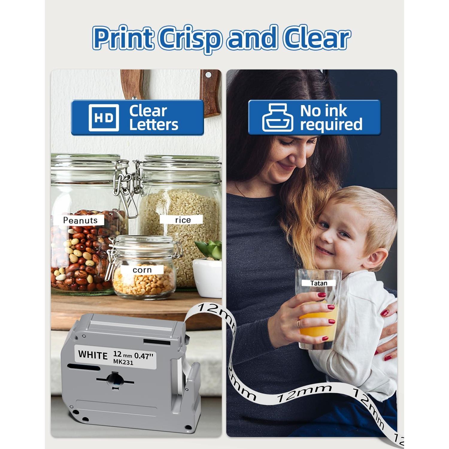 Cinta de Etiquetas Oozmas M-K231 12mm Negro sobre Blanco - Paquete de 6