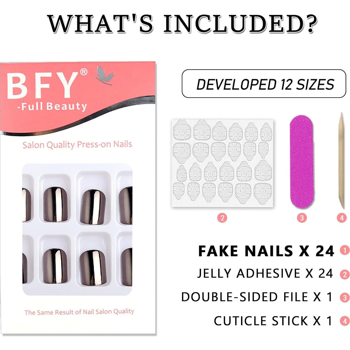 Uñas Postizas BFY Acrílicas Espejo Cuadradas 24 Pcs