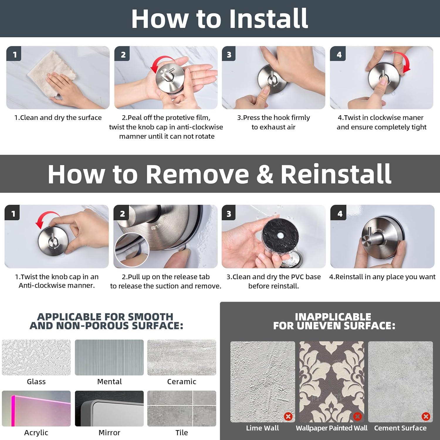 Gancho de Ducha JOMOLA con Ventosa Acero Inoxidable Negro 2PCS