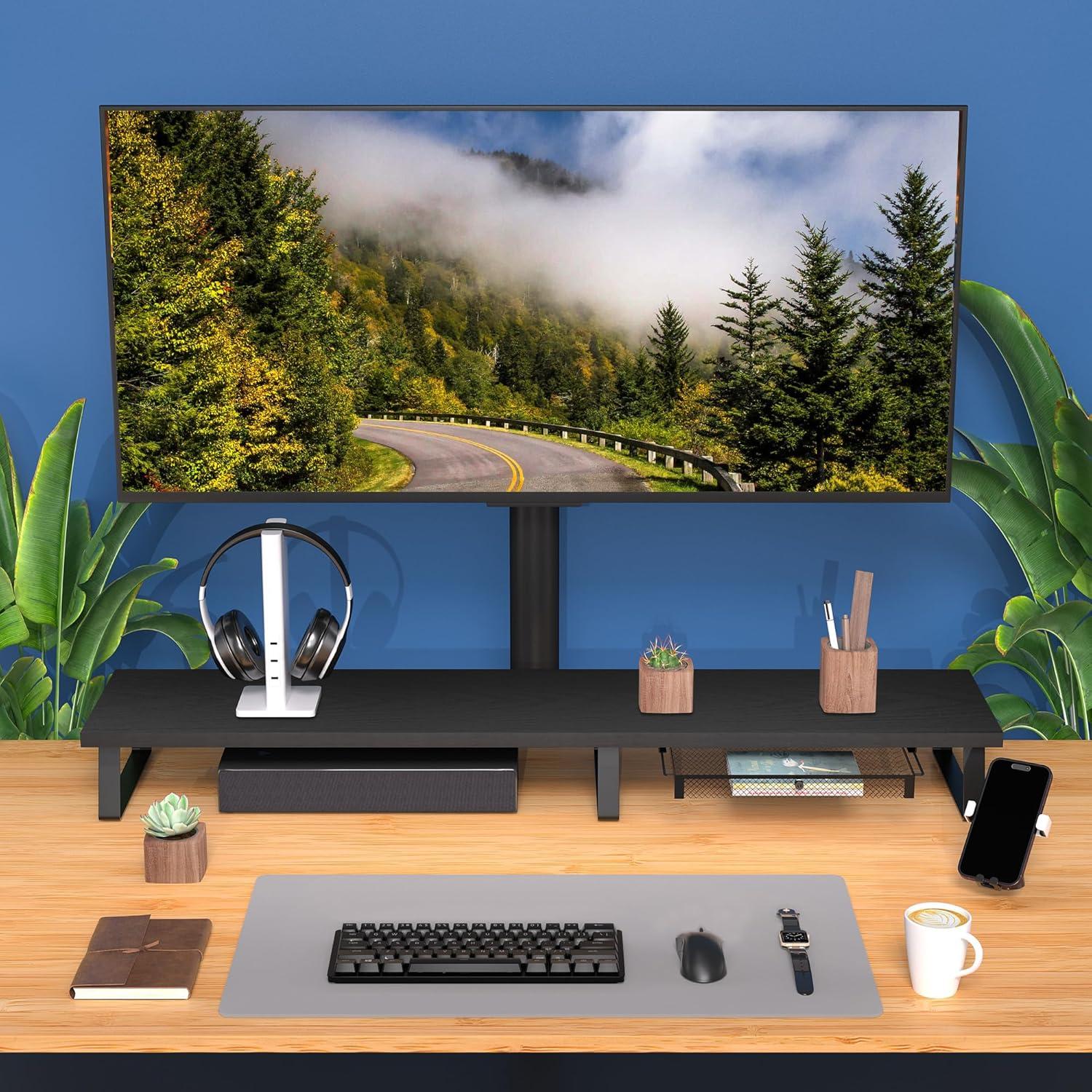 Soporte Elevador para Doble Monitor Aothia con Cajón Negro