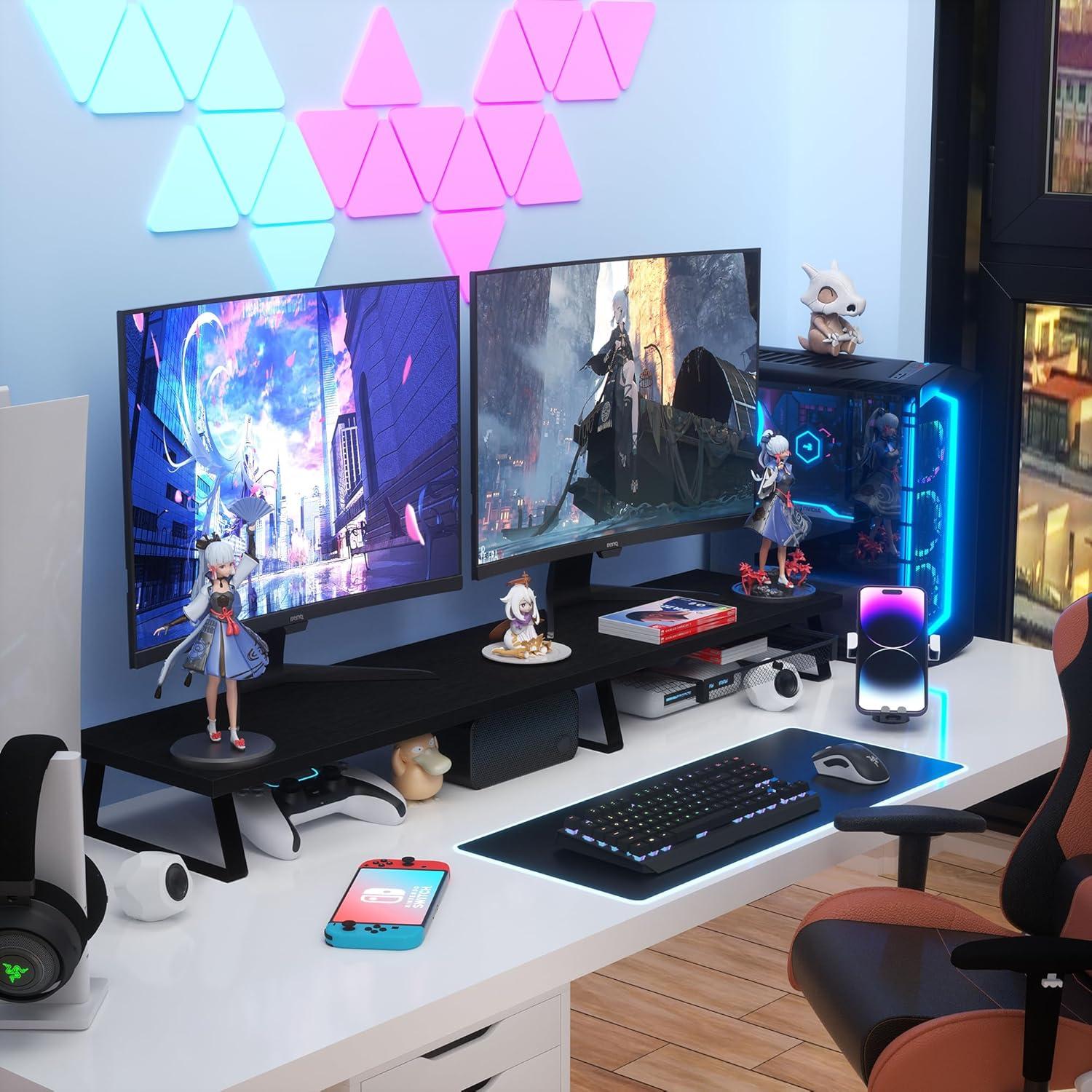 Soporte Elevador para Doble Monitor Aothia con Cajón Negro