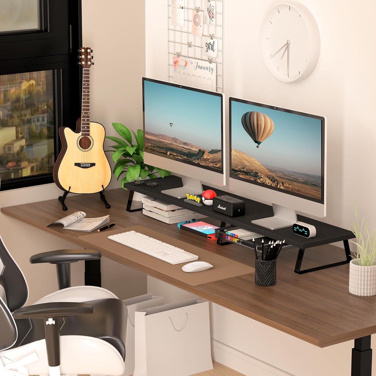 Soporte Elevador para Doble Monitor Aothia con Cajón Negro