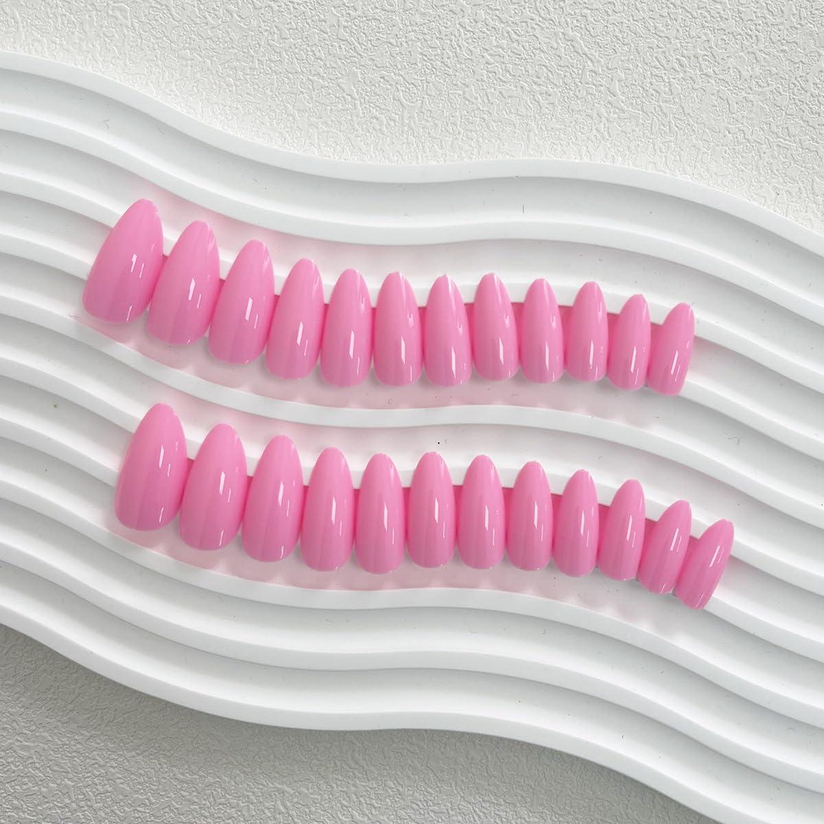 Uñas Postizas Almendra Medianas Rosa Brillante 24PCS