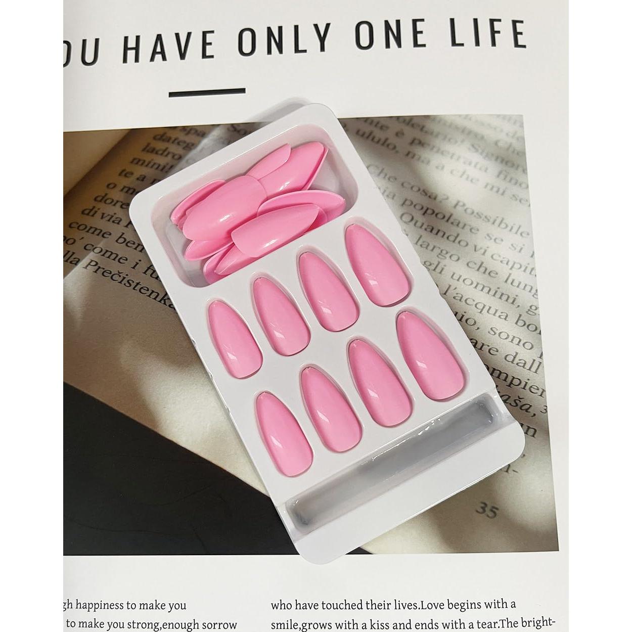 Uñas Postizas Almendra Medianas Rosa Brillante 24PCS